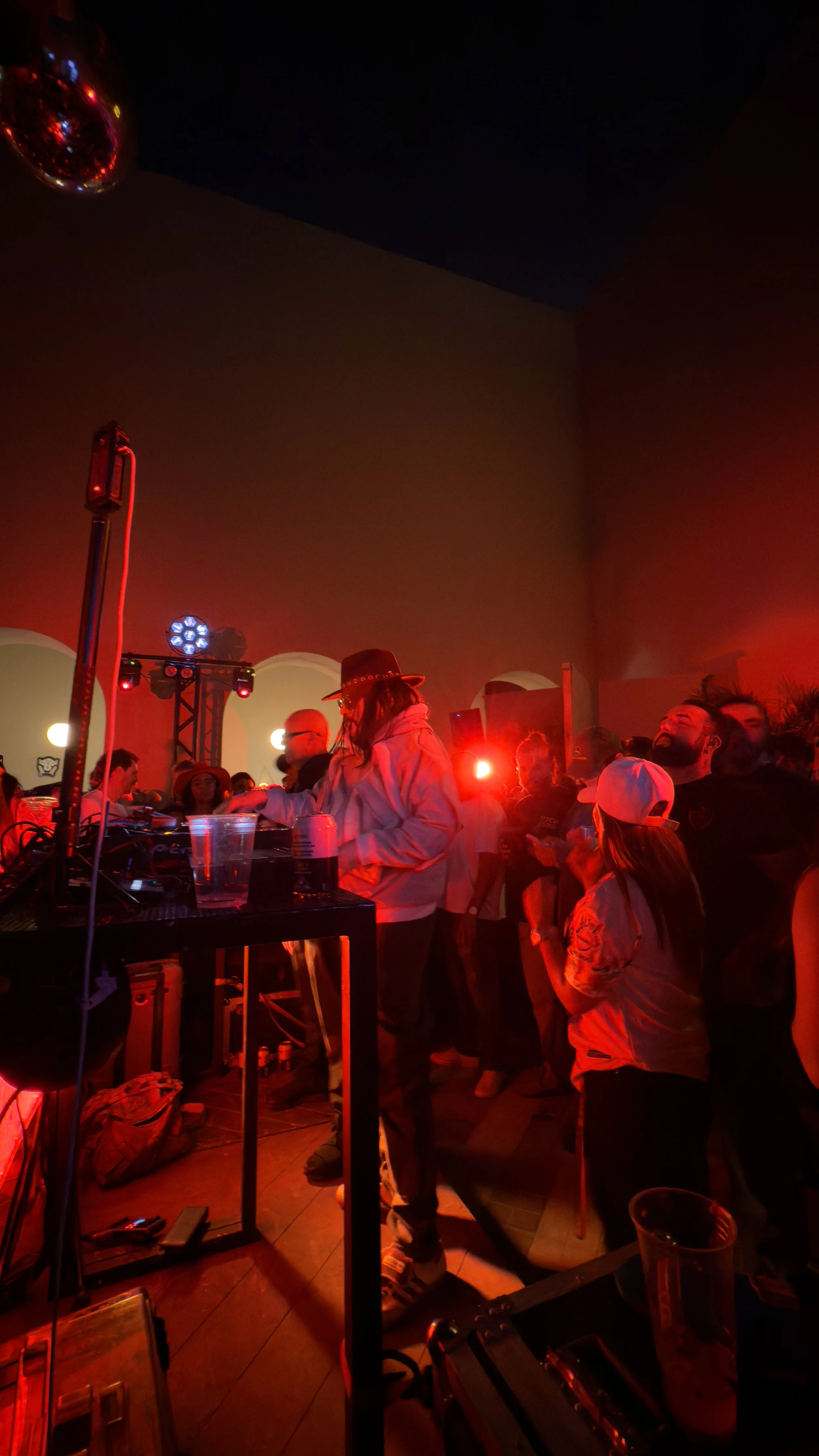 People enjoying a DJ performance at a nightclub with red lighting and a crowd dancing.
