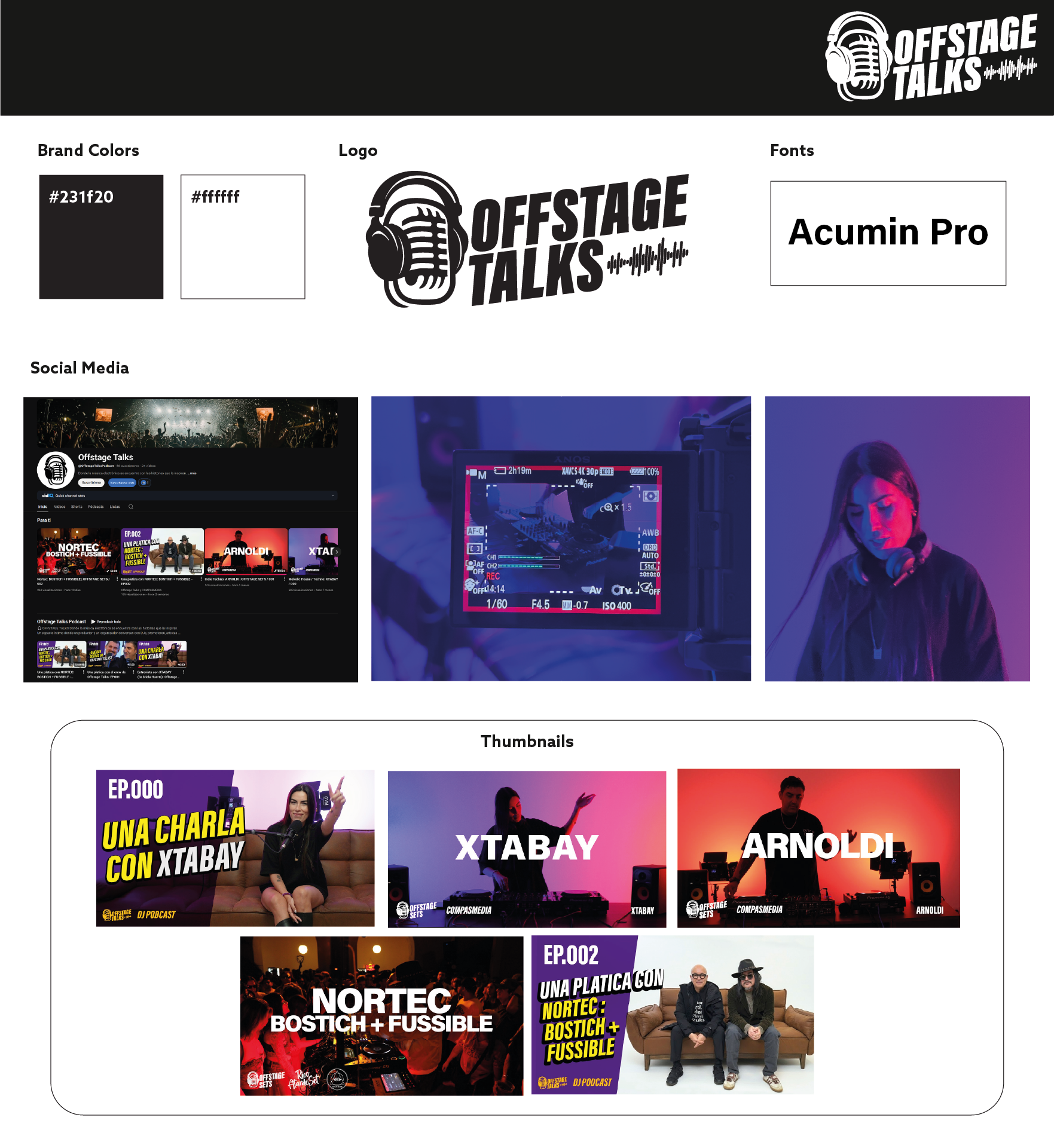 Logo and branding materials for Offstage Talks podcast, including show logo with a microphone and headphones, social media screenshots, video camera equipment, a woman DJ with headphones, and episode thumbnails featuring episodes about XTabay and DJ 