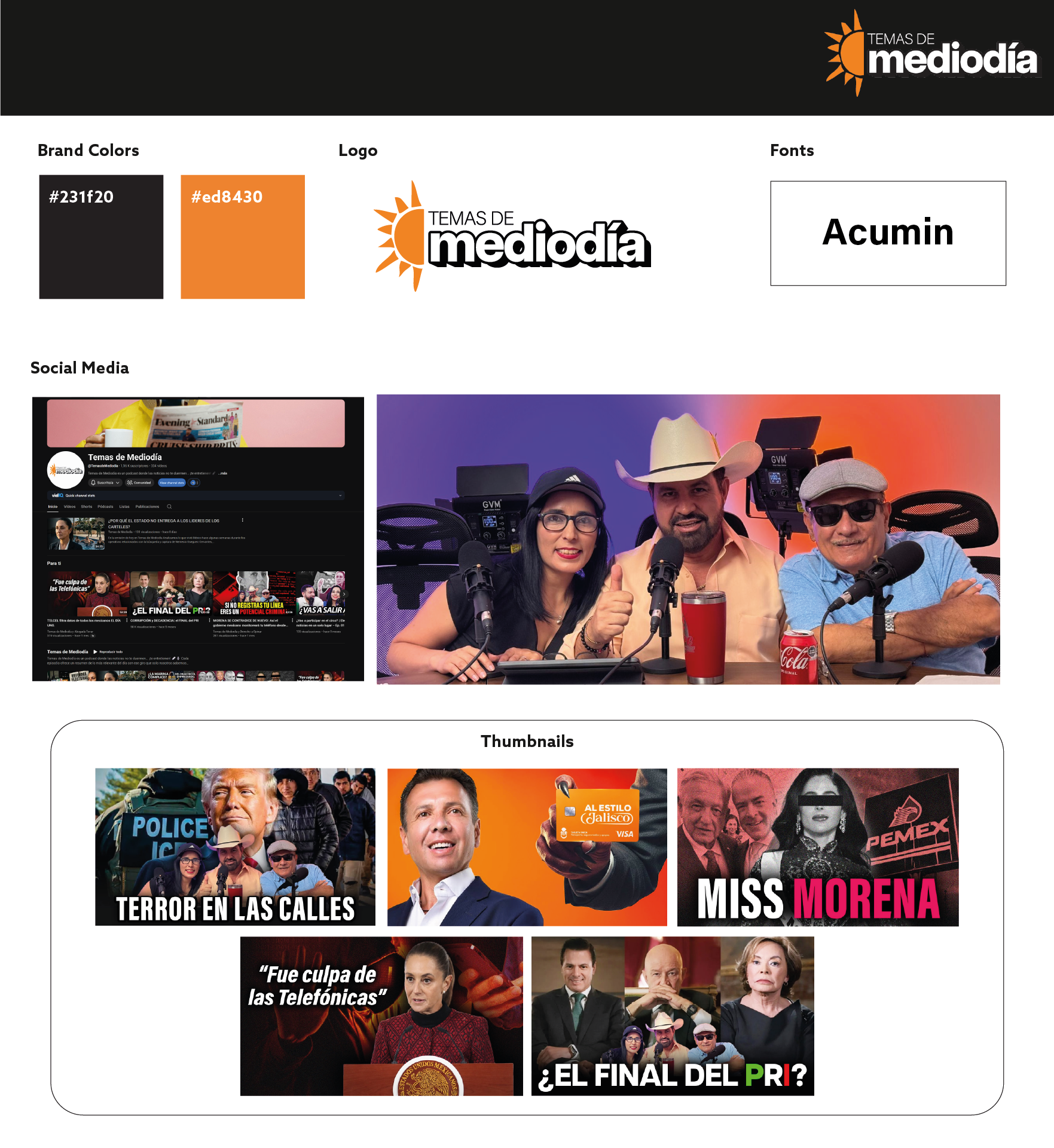 A media branding guideline sheet from Temas de Mediodía, featuring brand colors, logo, font, social media snapshots, and thumbnails of news topics including street protests, news anchor with an orange background, a woman with a bun hairdo and a man i