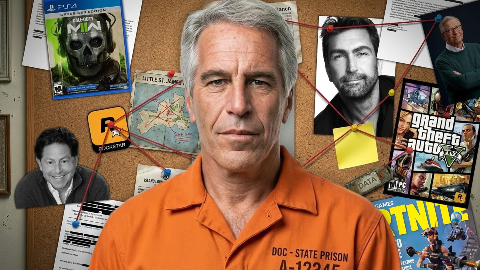Image of a Hispanic man in an orange prison uniform with the words 'DOC - STATE PRISON A-12345' written on it, standing in front of a corkboard with various photos, notes, and items related to a criminal investigation or story, including a 'Grand The