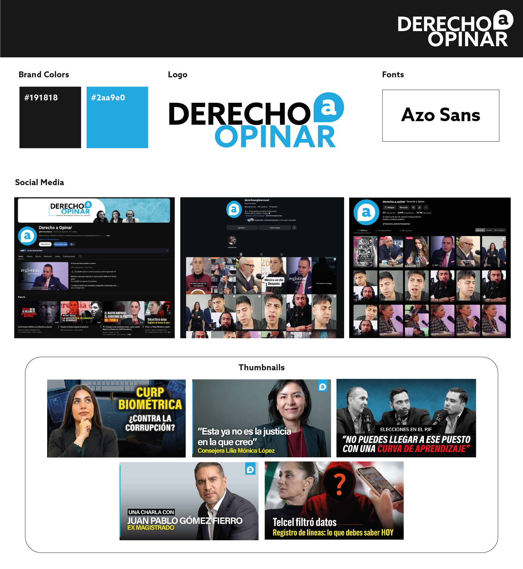 Brand guidelines document showing logo, color palette, font, and social media thumbnails for Derecho a Opinar, a media organization. Thumbnails feature headlines and images of public figures.