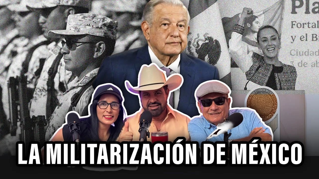 Group of four people in front of a collage background, with text in Spanish that reads 'La Militarización de México'