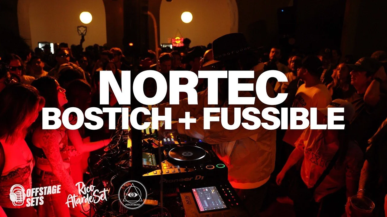 DJ performing at a crowded nightclub or concert, with the large text overlay reading 'NORTECBOSTICH+FUSSIBLE'.