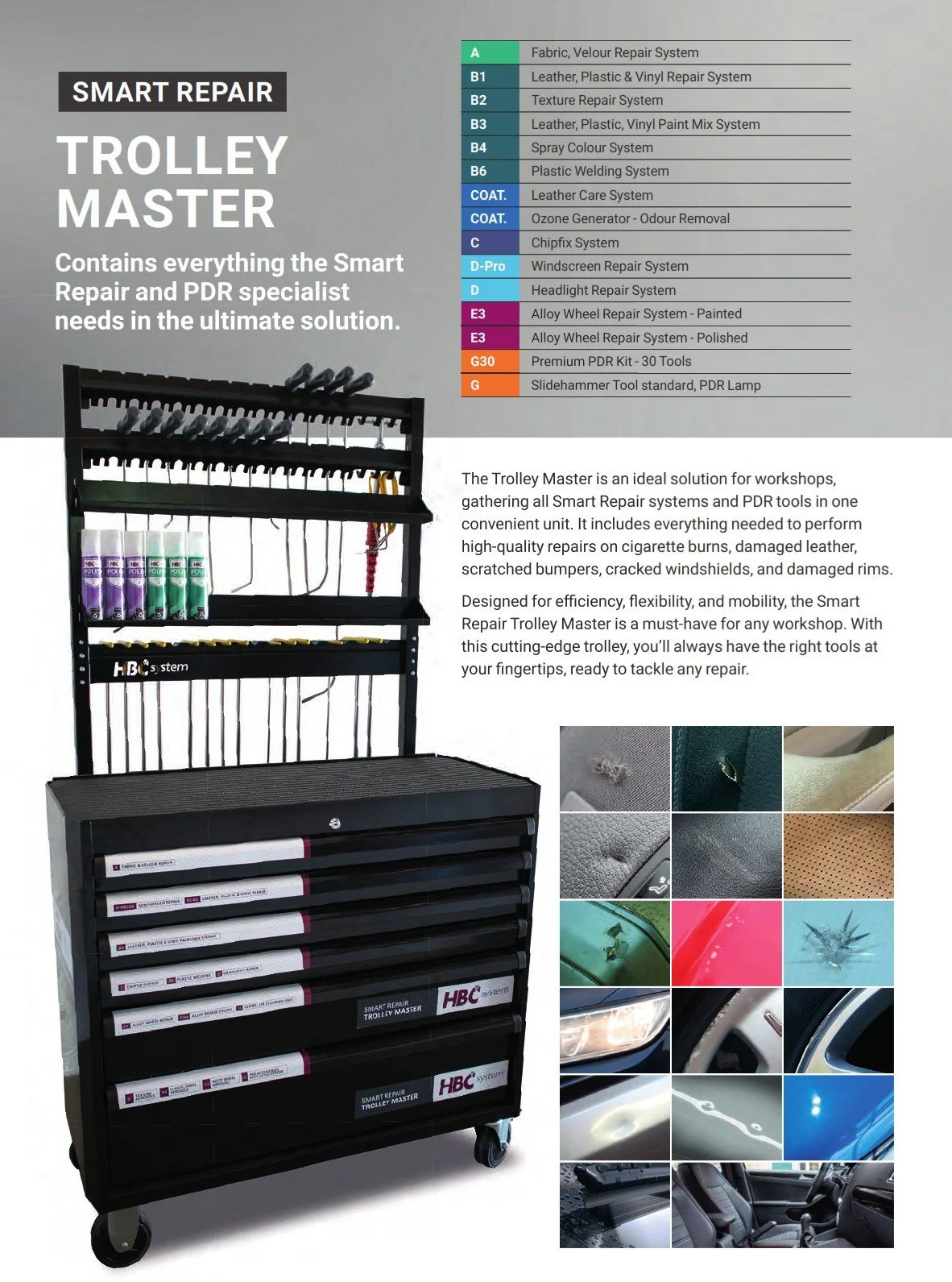 A multi-level repair trolley with labels for various repair systems and tools, including spray paint, welding, headlight repair, and wheel repair, with an assortment of fixing and repairing supplies showing different damage examples.