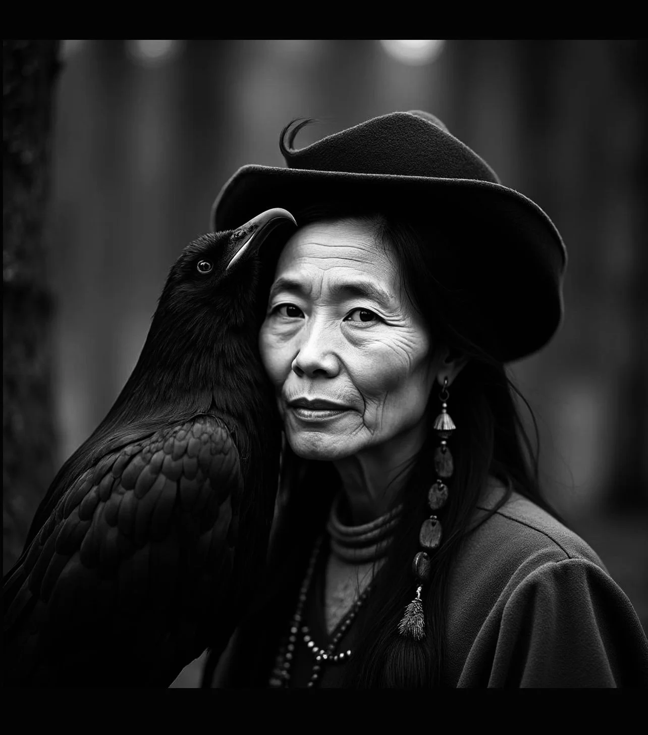 Black and white portrait of an Asian woman wearing a wide-brimmed hat, with an eagle perched beside her face.