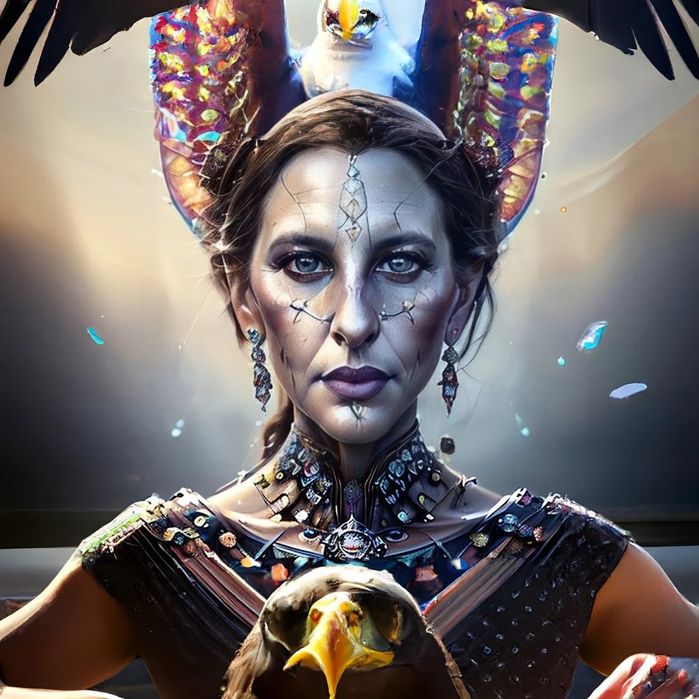 A woman with face makeup resembling a skeleton or cracked porcelain, wearing elaborate jewelry, with an eagle sculpture on her chest. She has a headpiece resembling an eagle with spread wings and a colorful, abstract design, and stands in front of a blurred background with floating light particles.