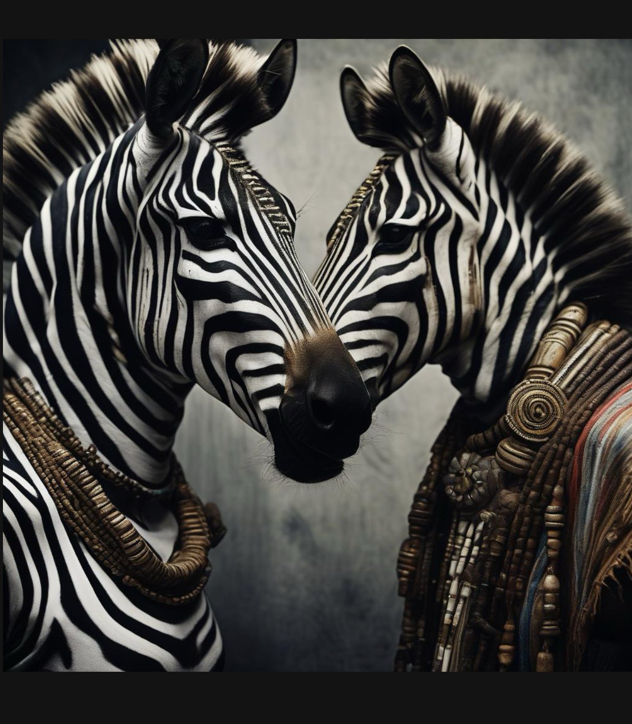 Two zebras with black and white stripes facing each other, wearing beaded necklaces and traditional African jewelry.