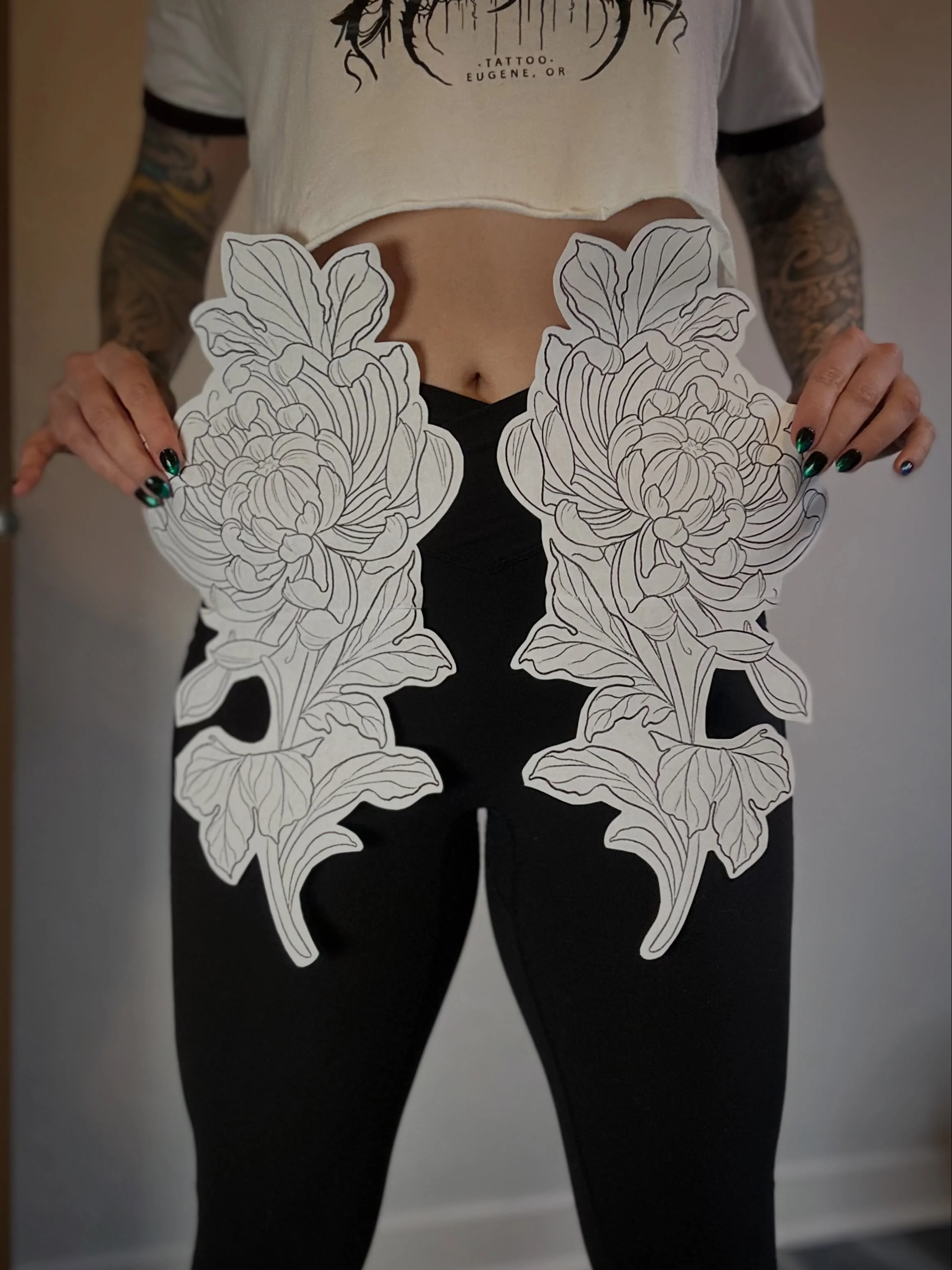 *EDIT- Claimed!*

Some placement ideas for this large chrysanthemum piece! I&rsquo;m just feeling the big stuff when I draw lately! I&rsquo;m envisioning rich color on this one.
.

Any tummy/hip placement is not for the faint of heart! 
.
I&rsquo;m b