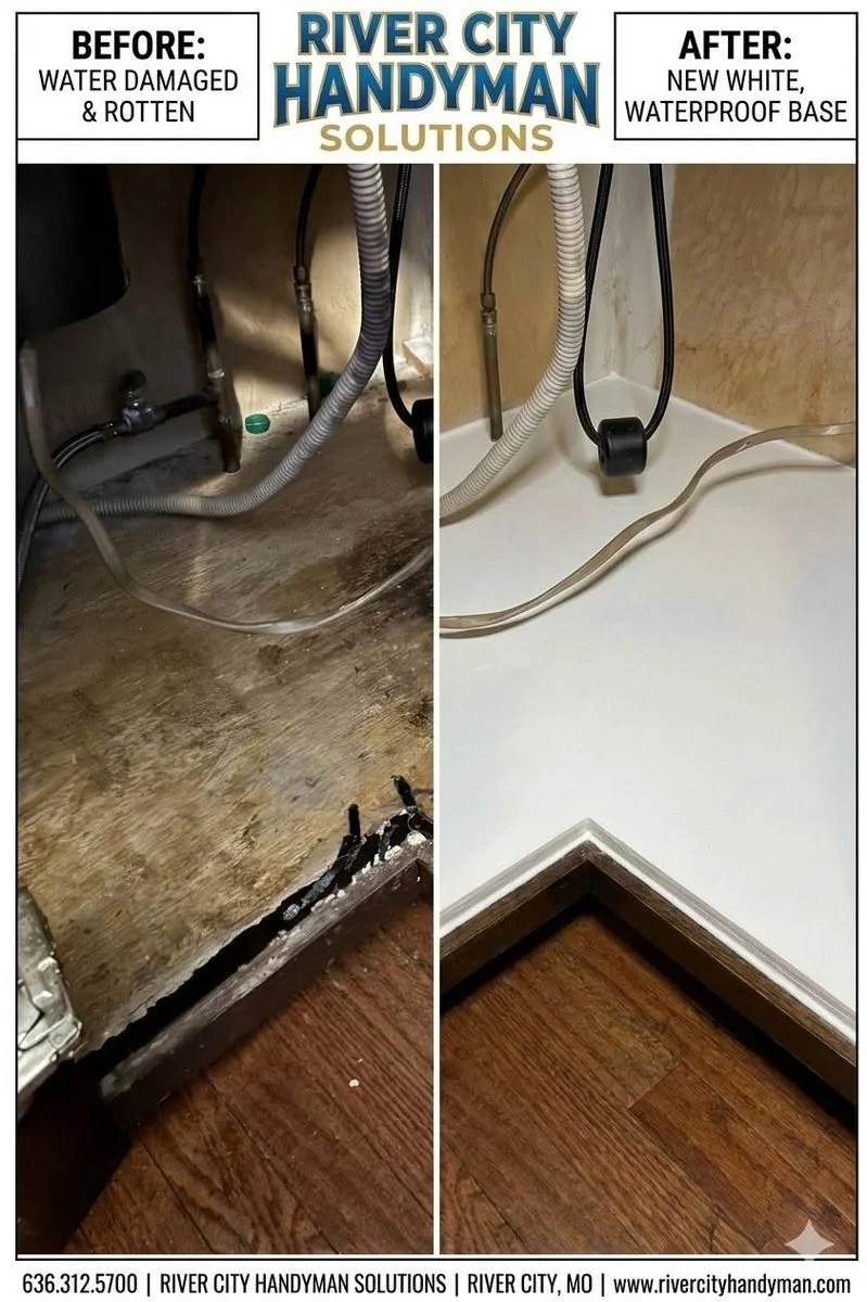 Before and after: water-damaged under-sink cabinet replaced with a new waterproof base