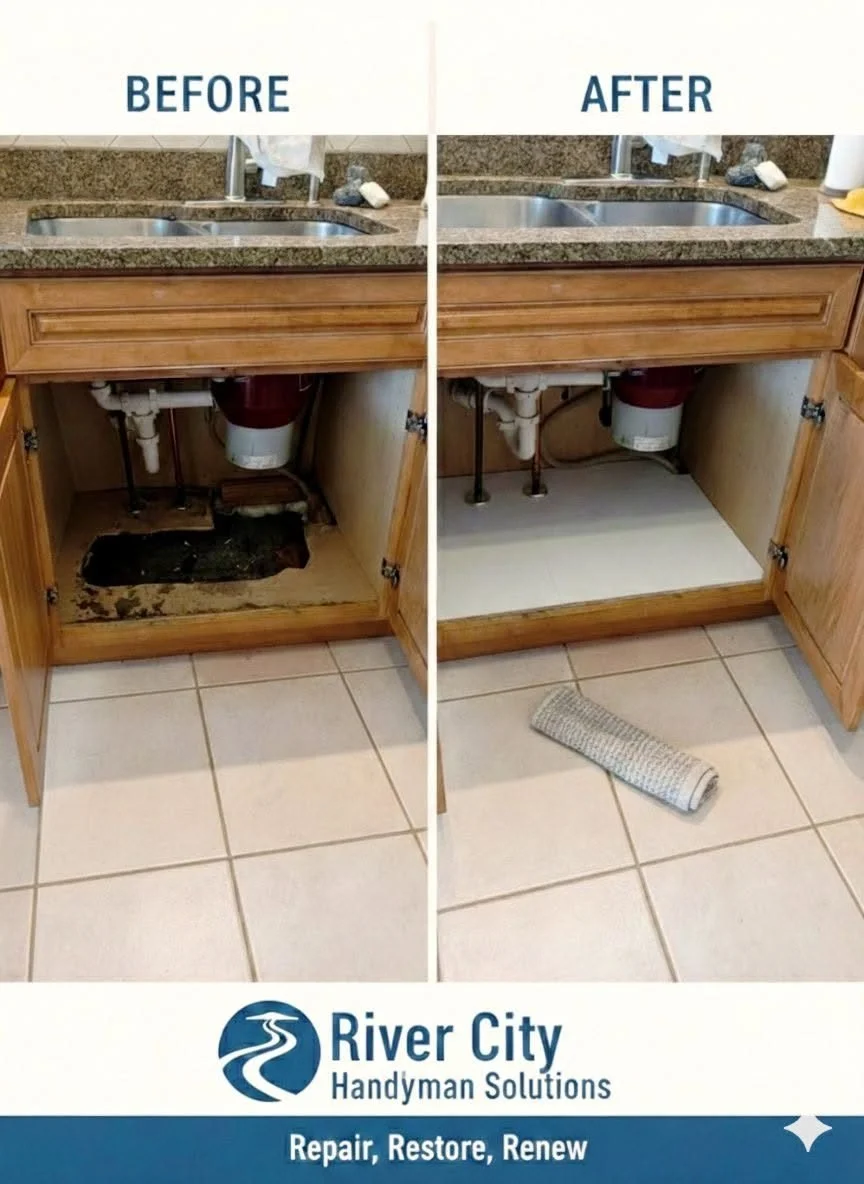 Before and after: damaged kitchen sink cabinet rebuilt like new