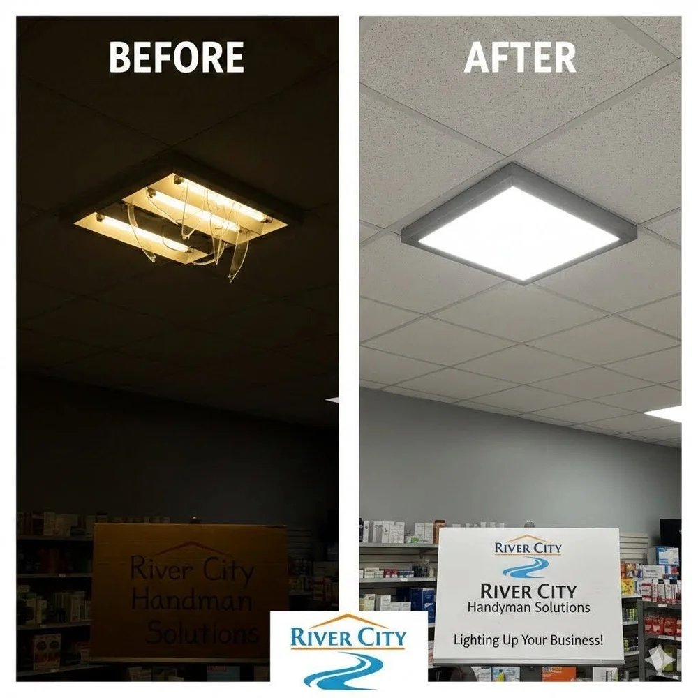 Before and after: old fluorescent troffer light replaced with a new LED panel in Cottleville