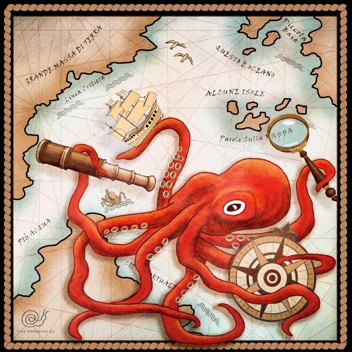 A whimsical illustration of map of the sea with a giant octopus in the center holding a spyglass, telescope, ship, and a compass on a square art print