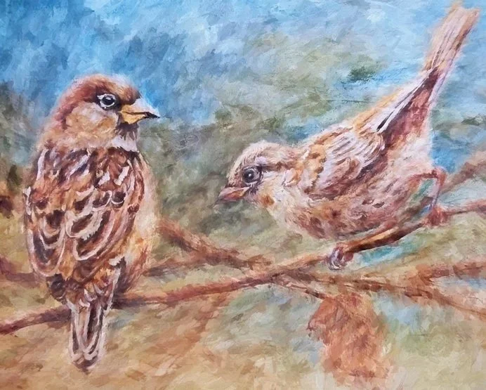 Sparrow Pair - Mixed Medium  on Handmade Paper