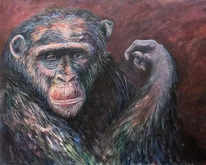 Chimpanzee in thoughtful pose in colorful acrylic painting