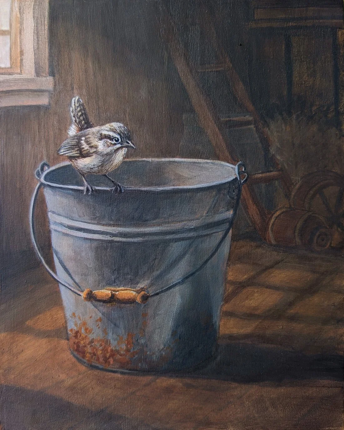 Painting of a wren perched on the edge of a rusty pail inside a barn under the filtering light