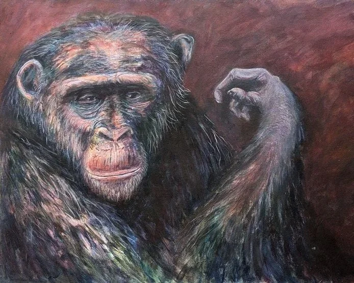 Chimpanzee fine art print of colorful acrylic painting of a chimpanzee with a thoughtful expression, looking directly at the viewer, against a dark background.