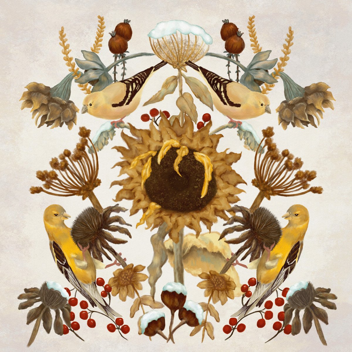 Detailed painting of a faded autumn prairie garden and a pair of goldfinch birds