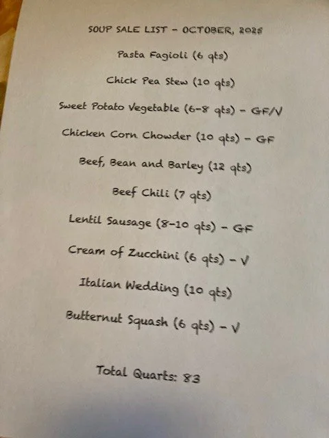 Hello friends,
See the delicious soup varieties below. Note the gluten free and vegetarian selections.
Please remember your reusable totes.
We always look forward to seeing you!
10am until we sell out.
Kathleen and your St. Margaret’s friends
