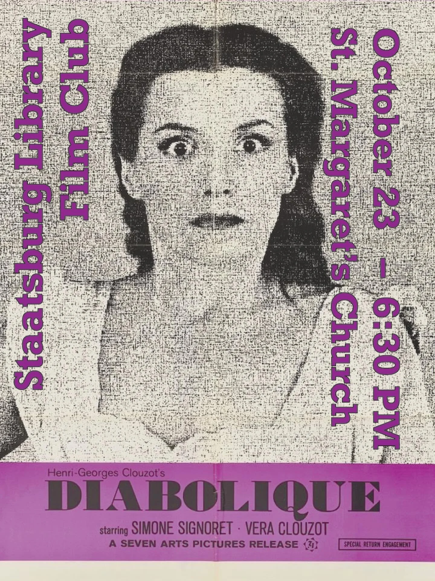 St. Margaret’s is happy to be hosting Staatsburg Library’s monthly film club on October 23 at 6:30! 
Come enjoy a cozy and possibly spooky screening of the 1955 French thriller “Diabolique,” directed by Henri-Georges Clouzot.