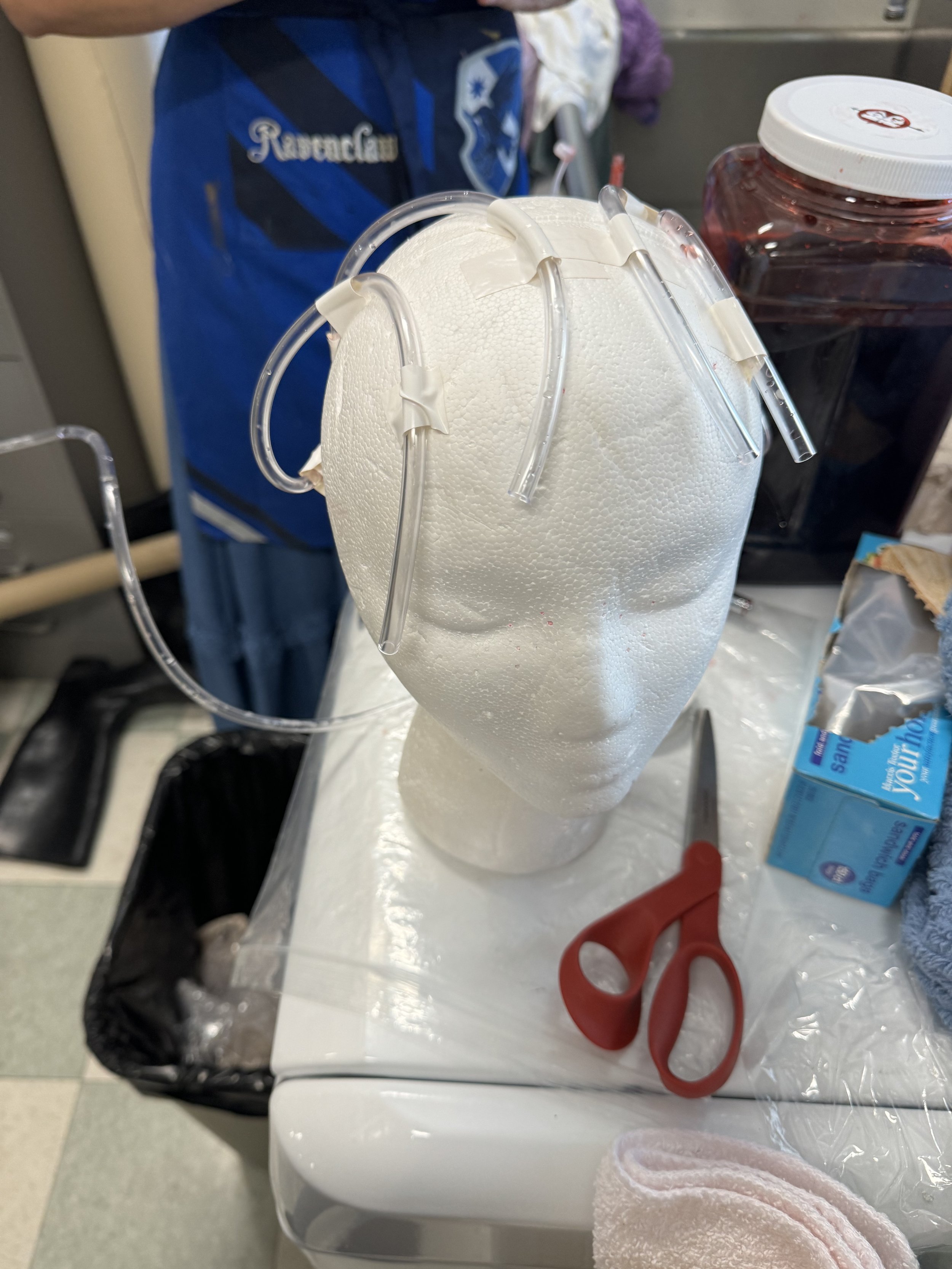 Front view of rigging on the styrofoam head.