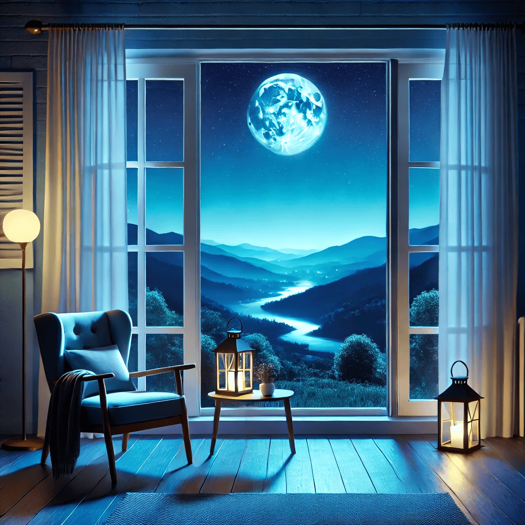 A cozy, inviting room with a blue armchair and a lantern, looking out a large window at a giant glowing moon over a misty mountain valley, representing the safe space of online therapy in Kansas.