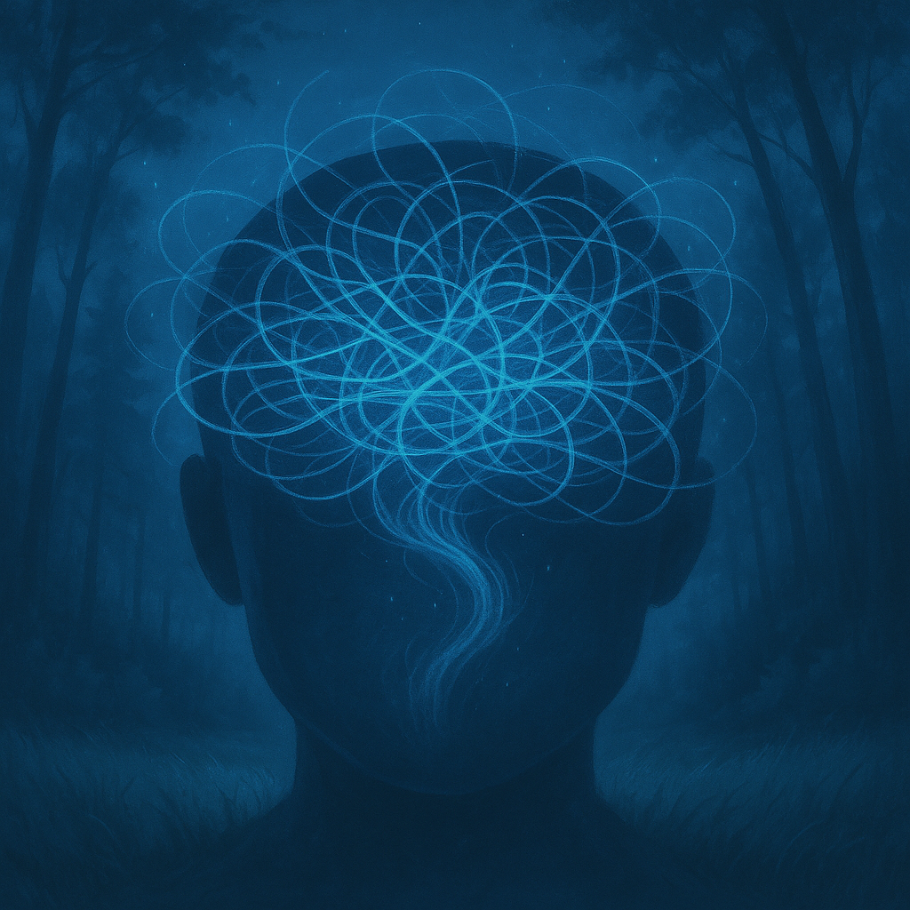 A surreal illustration of a person's head with a tangled blue glowing web for a brain, representing the experience of ADHD and executive dysfunction for clients in Kansas.