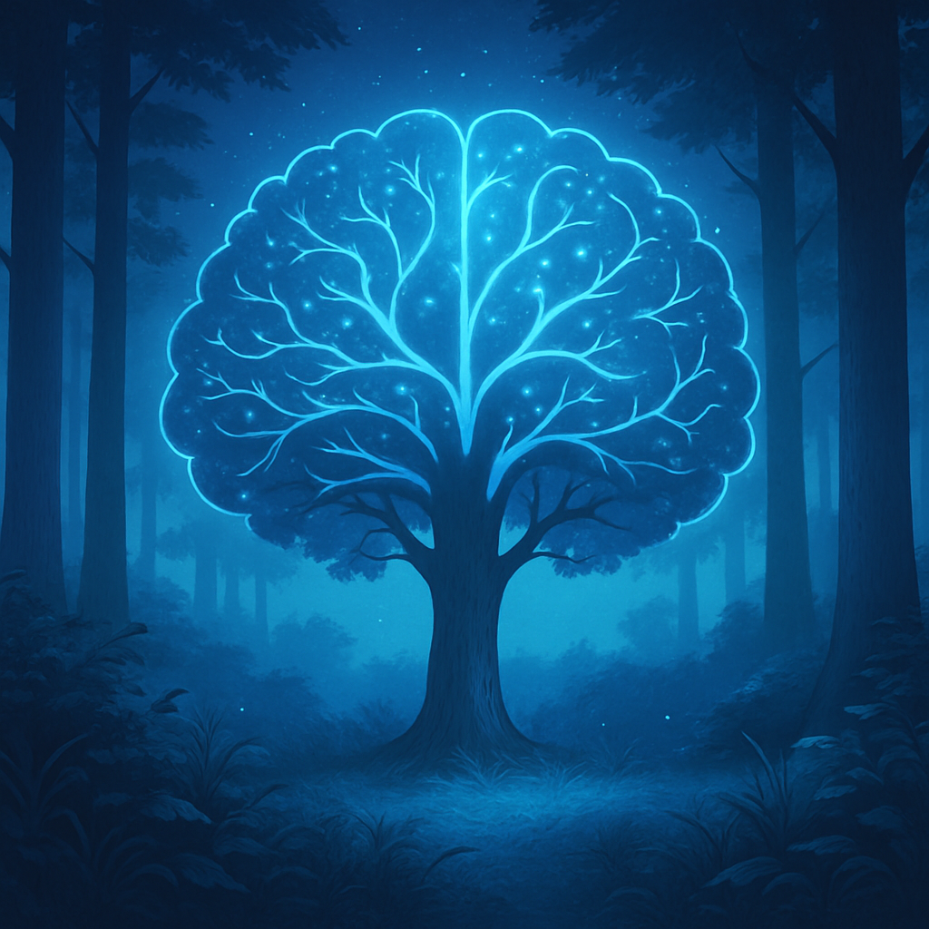 A glowing blue illustration of a tree with a brain-shaped canopy, representing personal growth through autism and neurodivergent-affirming therapy in Kansas.