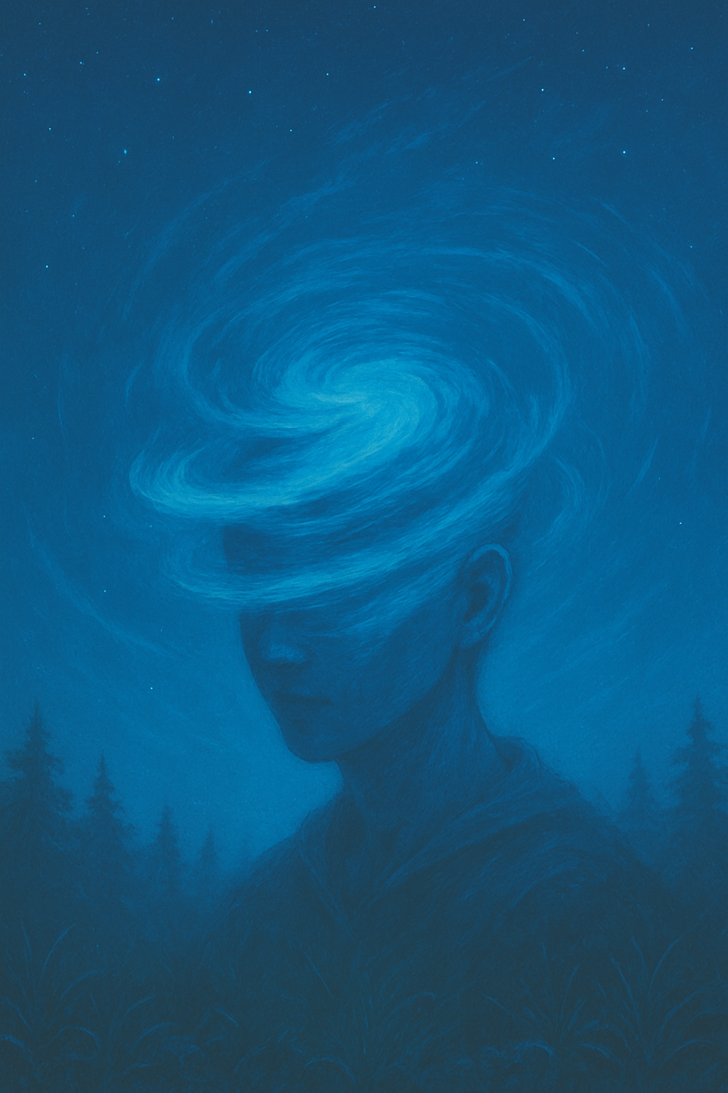 A surreal illustration of a person with a glowing blue spiral over their head, representing the experience of OCD intrusive thoughts and the mental spiral of obsessions in Kansas.