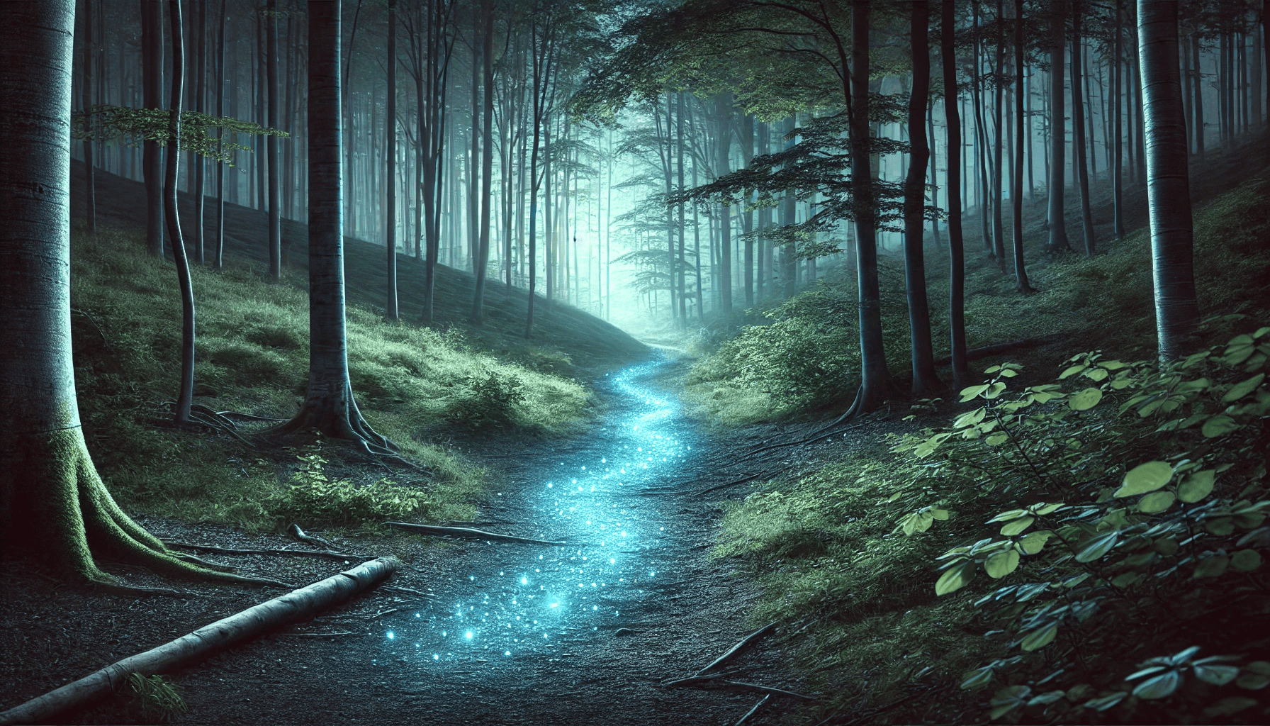 A serene, misty forest with a glowing blue path, symbolizing the healing journey of affirming online therapy in Kansas for neurodivergent and LGBTQIA+ individuals.