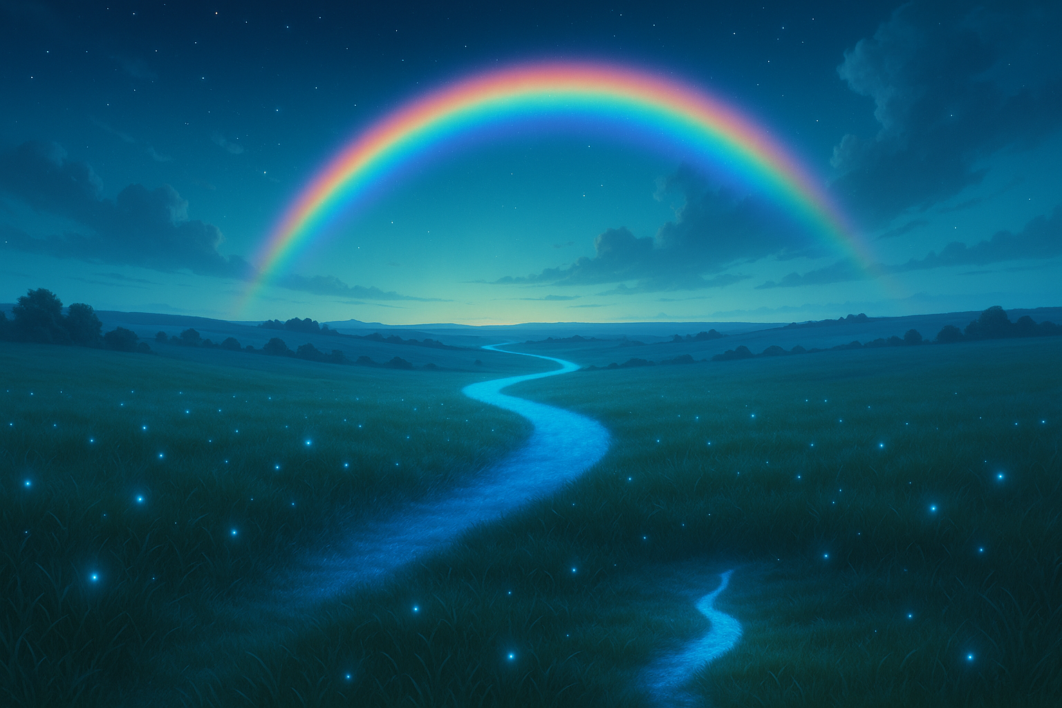 A serene night landscape featuring a glowing blue path leading toward a vibrant rainbow, symbolizing the journey to LGBTQIA+ affirming therapy and support in Kansas.
