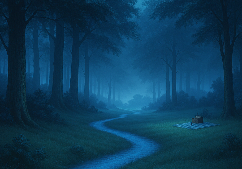 A misty blue forest at night with a small picnic setup, representing easy scheduling for ENM, kink-aware, and polyamory-affirming therapy in Kansas.