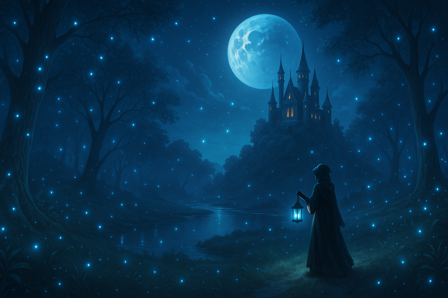 A mystical night forest illustration with a cloaked figure holding a lantern, looking towards a glowing castle under a full moon. This fantasy scene represents the start of geek-affirming therapy in Kansas, offering a free 15-minute consultation.