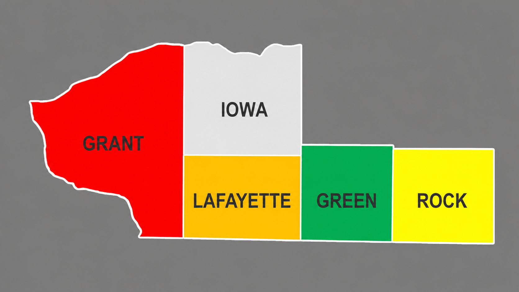 Color-coded map of Iowa with sections labeled Grant in red, Iowa in white, Lafayette in yellow, Green in green, and Rock in yellow.