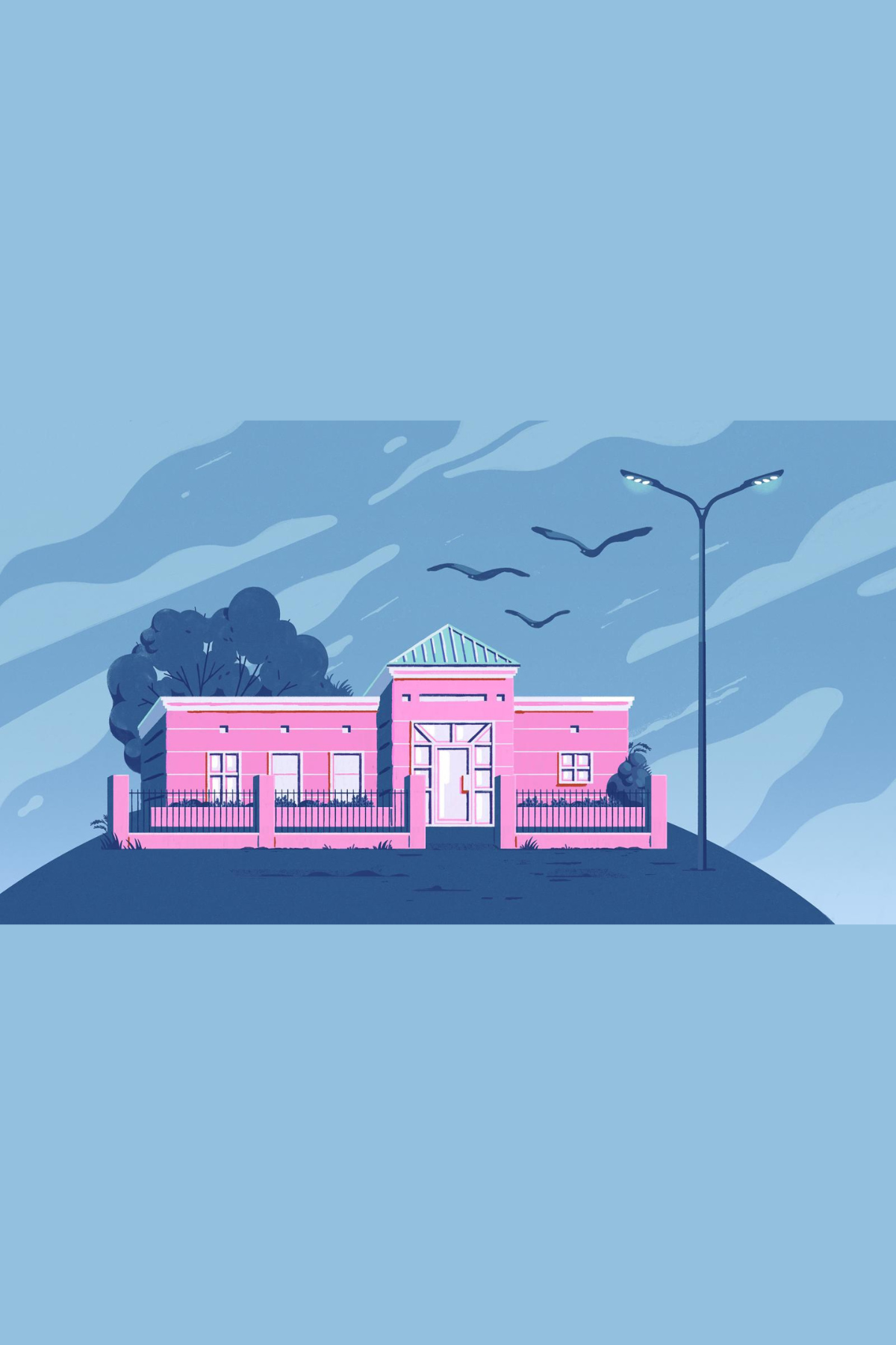 Graphic of pink building against a blue background