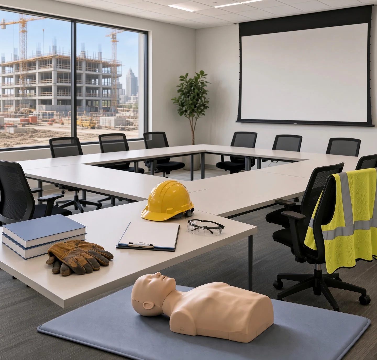A conference room with a large window showing a construction site outside. The room has a U-shaped table arrangement with black office chairs. On the table, there is a yellow safety helmet, safety goggles, a clipboard with paper, a pair of work gloves, and a medical training mannequin head on a mat. Also on the table is a stack of books and a mannequin torso.