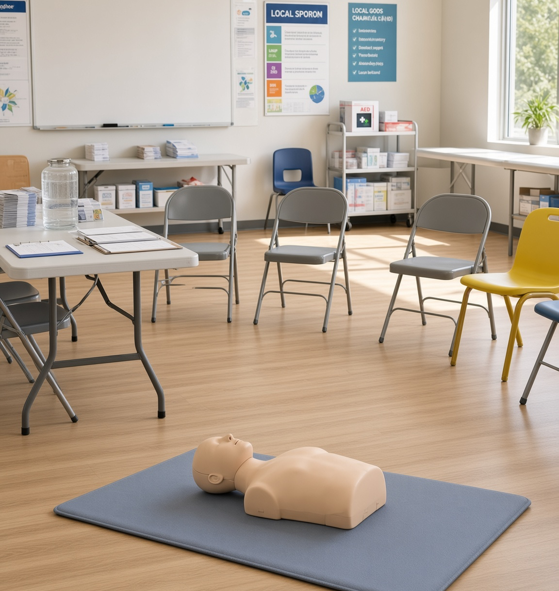 A medical training room with chairs, tables, and a CPR manikin on a mat on the floor.