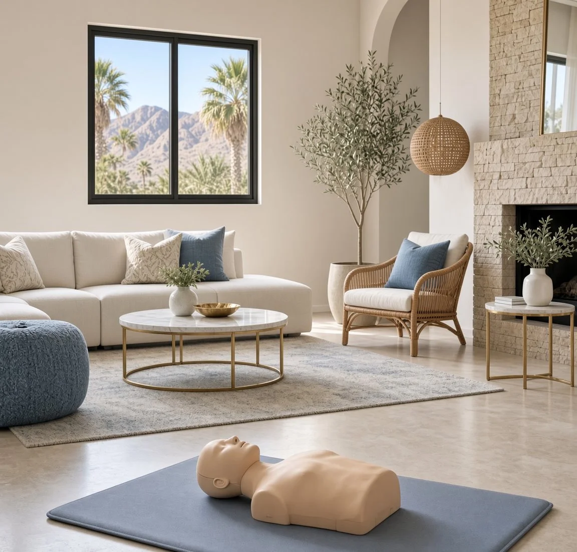 Living room with white sofa, wicker armchair, marble coffee table, potted tree, window view of palm trees and mountains, interior fireplace, and adult CPR mannequin on yoga mat.