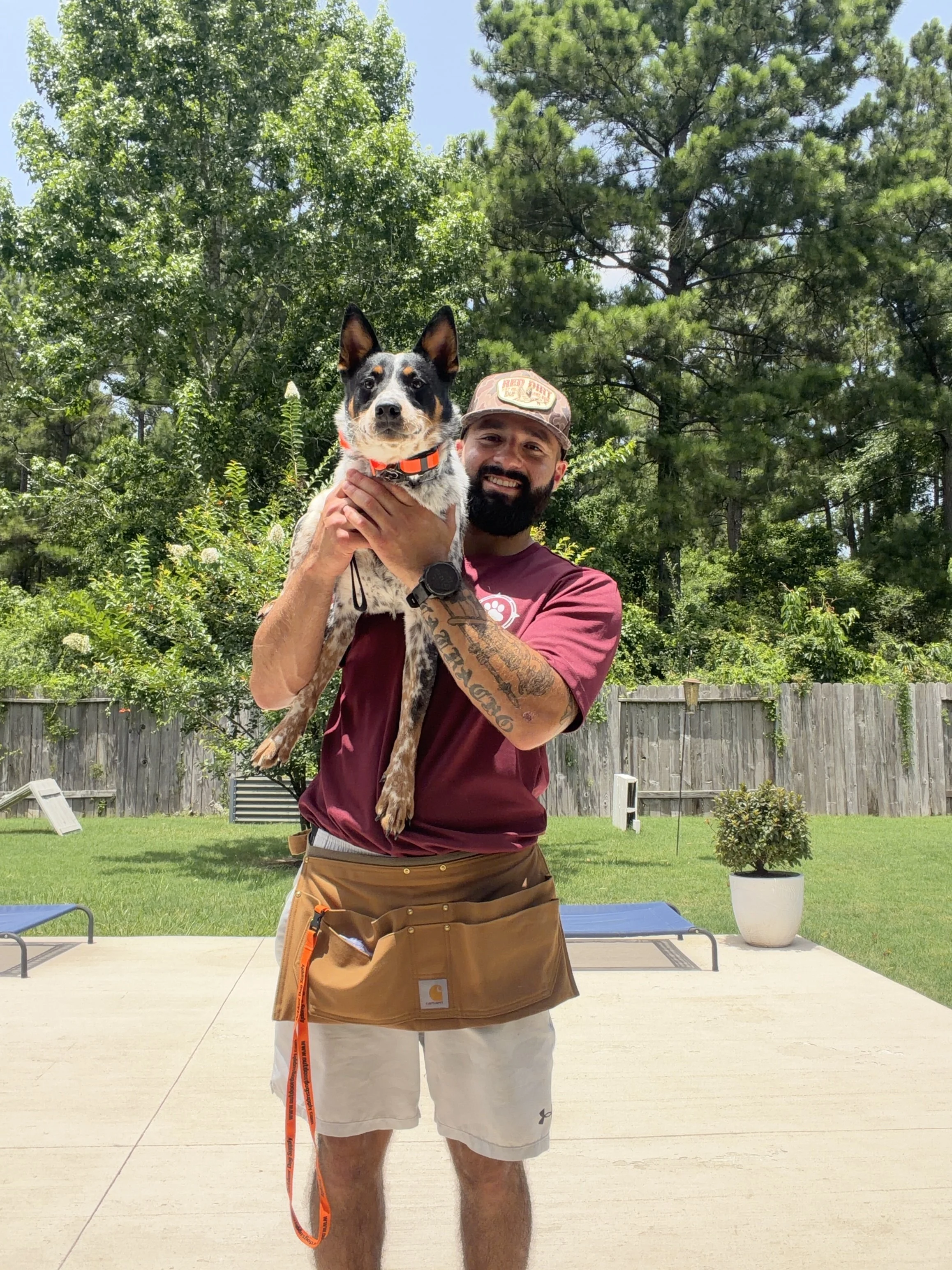 A man with a beard, wearing a baseball cap and a maroon T-shirt, is holding a small dog with black and white fur and orange collar outdoors in a backyard with green trees, a wooden fence, and patio furniture.