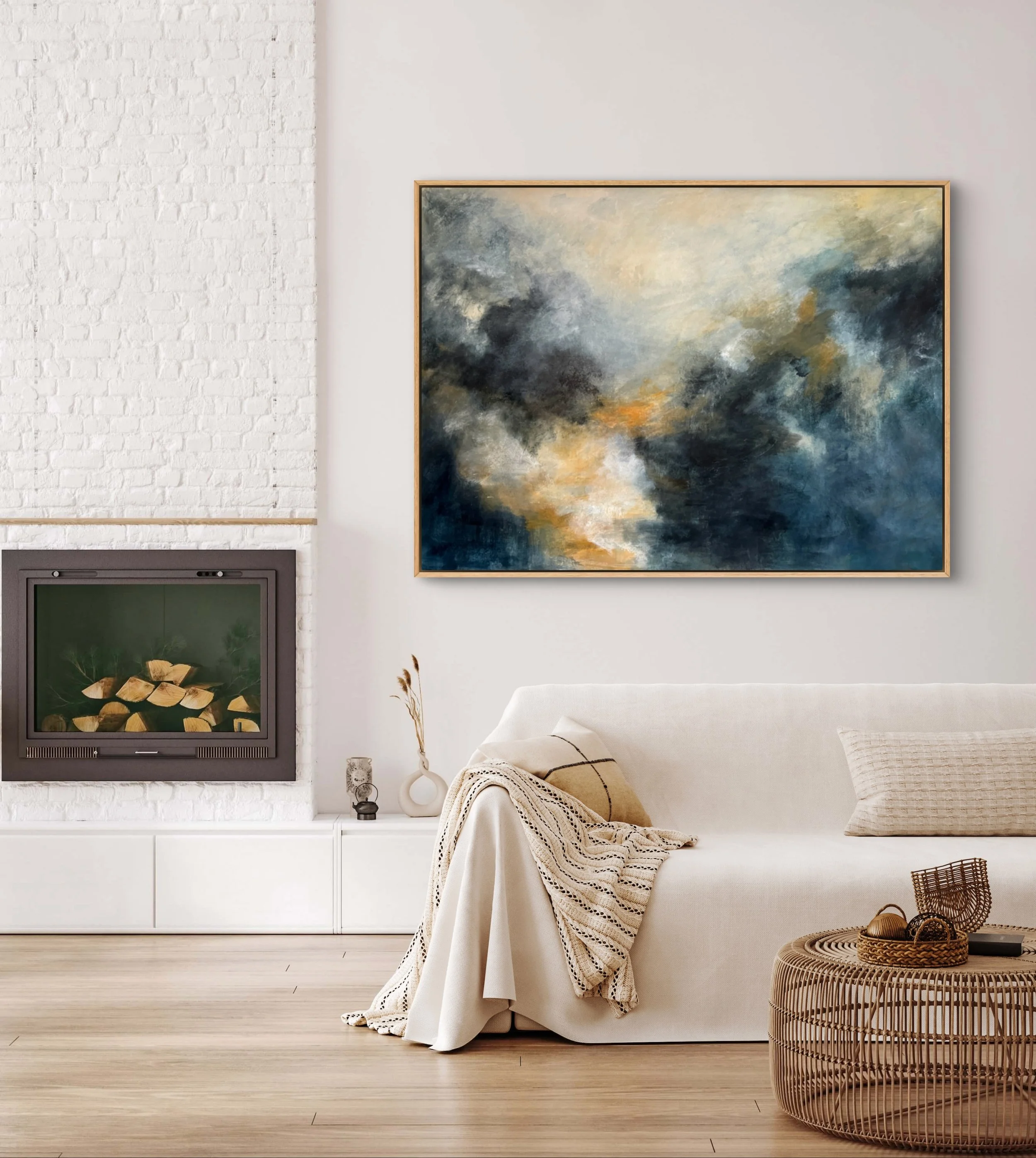 Abstract painting by Melanie Biehle styled in a cozy modern living room. 