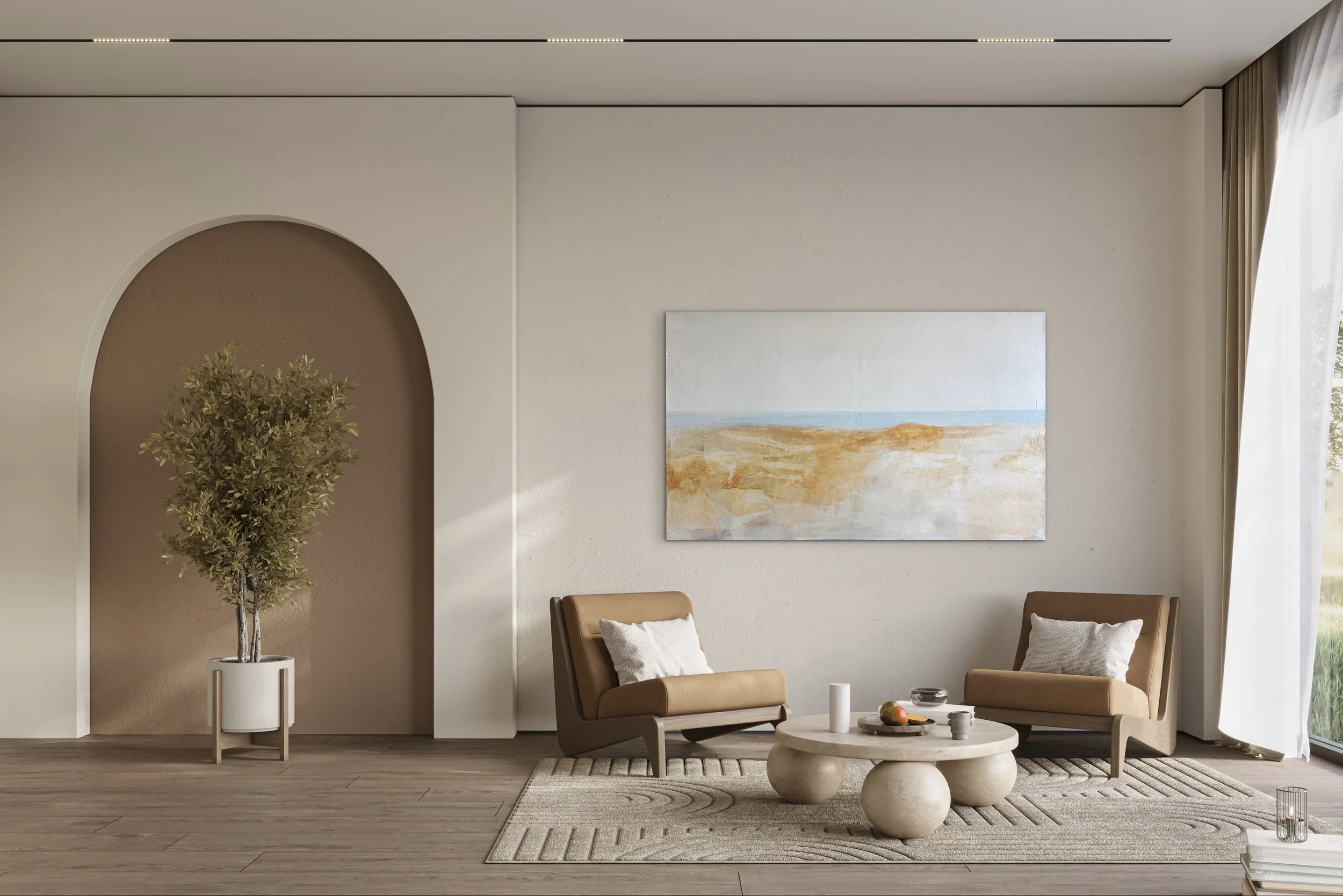 The Day We Met abstract seascape painting in a modern minimal living space