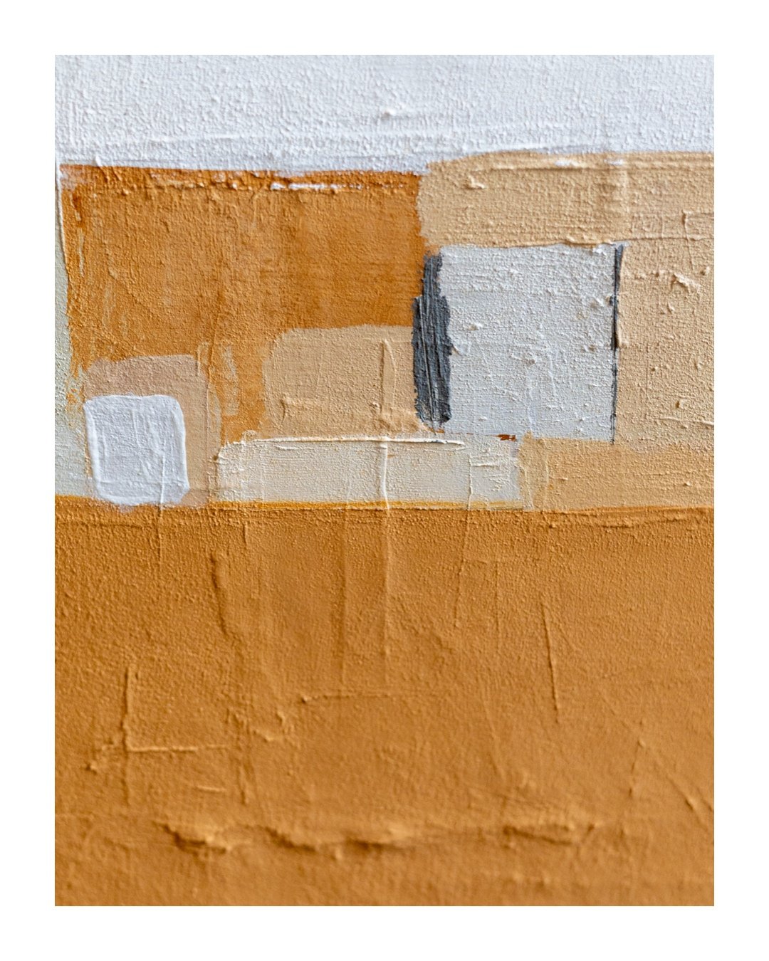A detailed view highlighting the painting’s geometric shapes and textured elements in the neutral color palette.