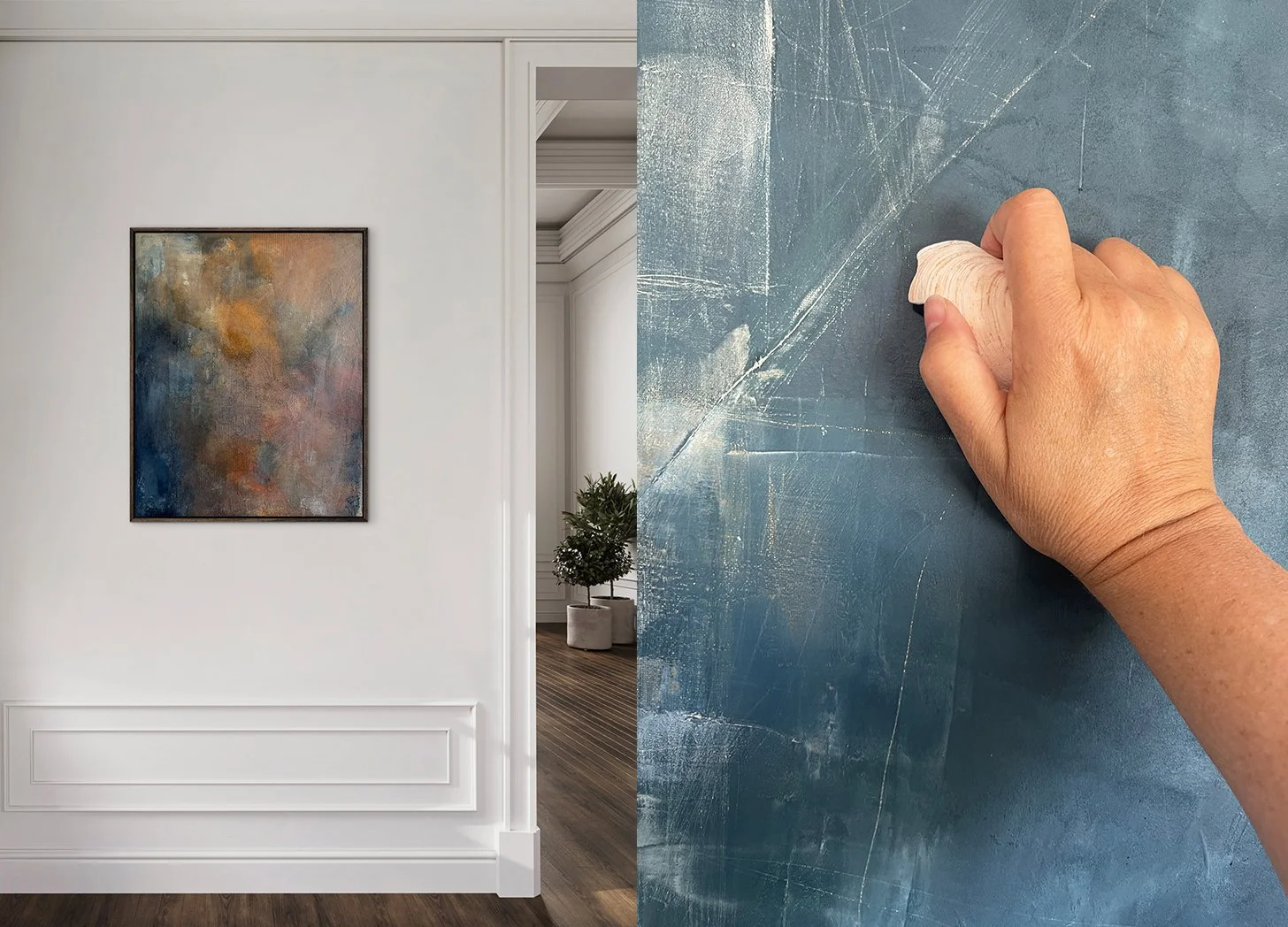 Melanie Biehle abstract painting shown in an elegant interior alongside a close-up of the artist’s hand working on a textured blue painting surface.