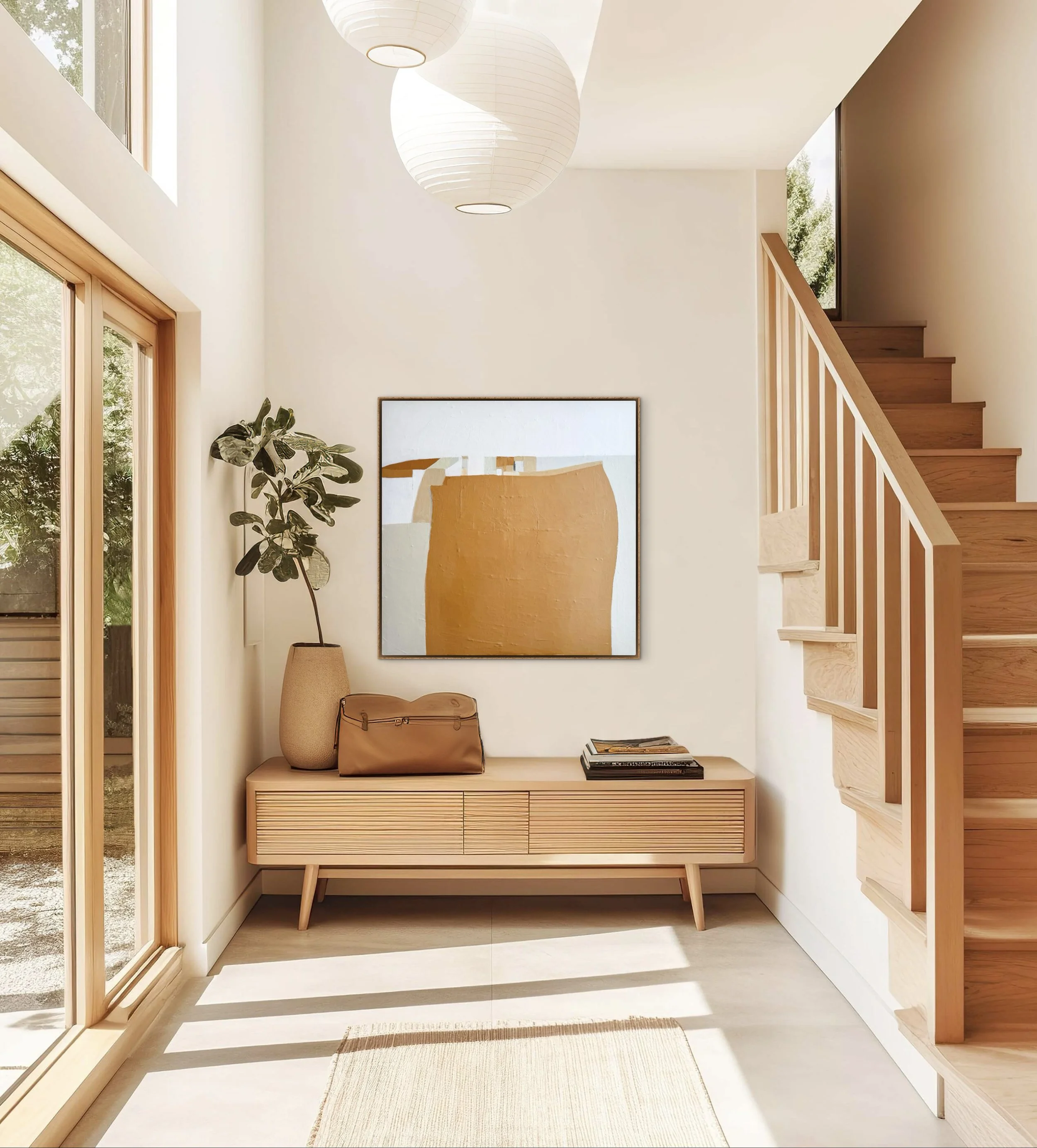 A contemporary living room with clean lines and neutral tones, showcasing the Spaciousness of Time painting.