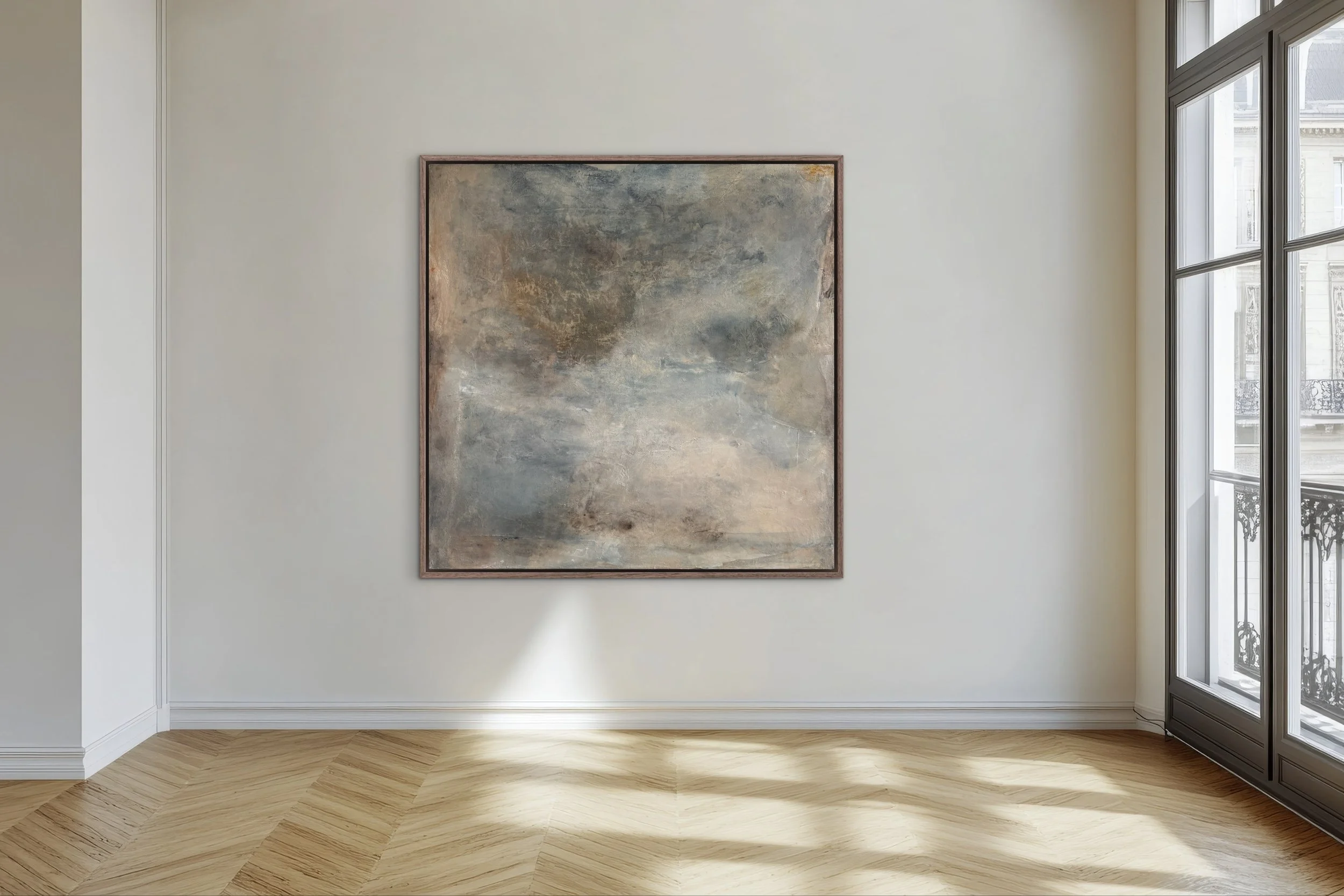 Abstract atmospheric painting by Melanie Biehle displayed in a light-filled interior