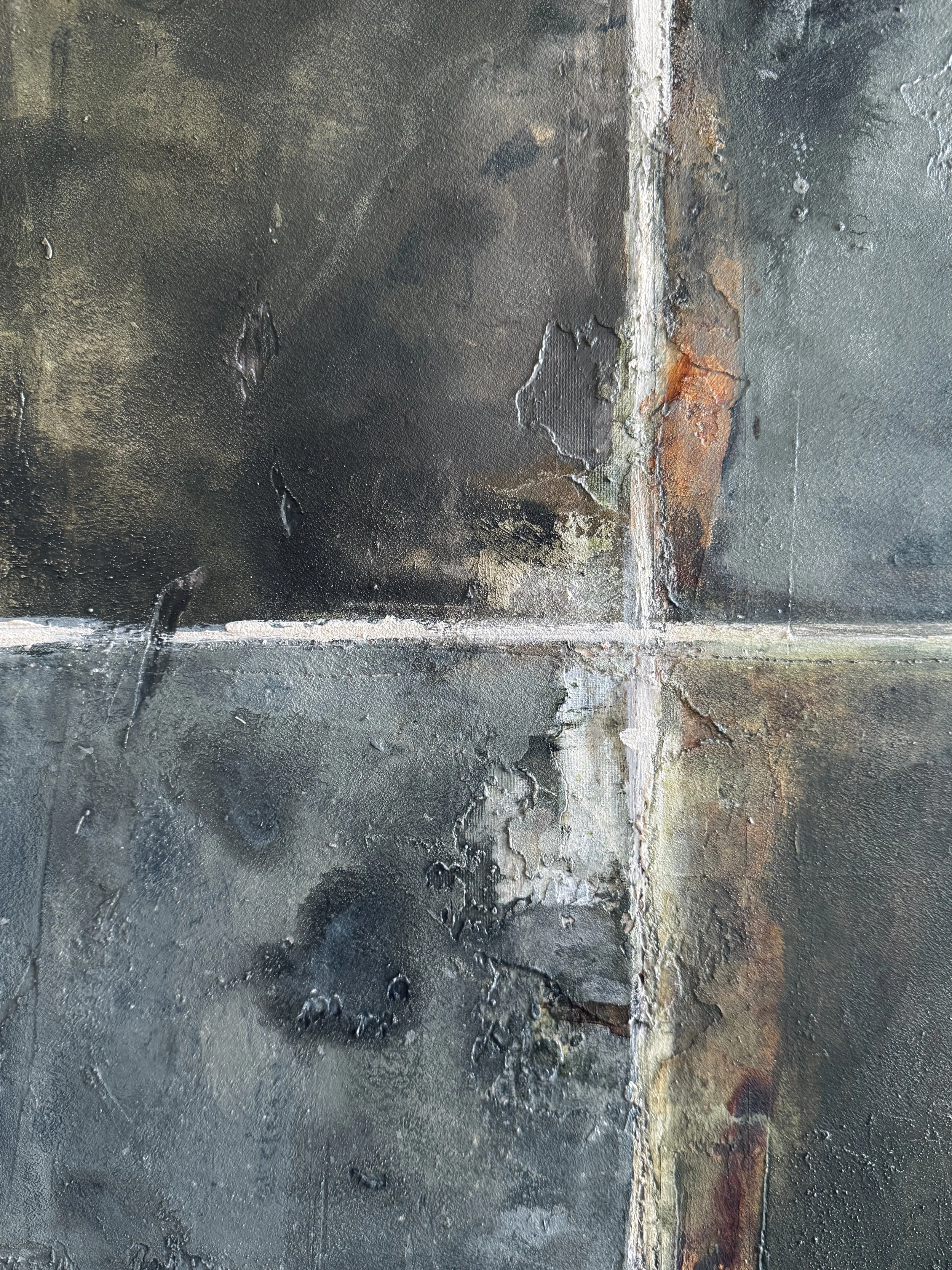 Detail of Inhabiting Time No. 2 showing weathered limestone texture, gray and charcoal paint, rust accents, and irregular white grid lines.