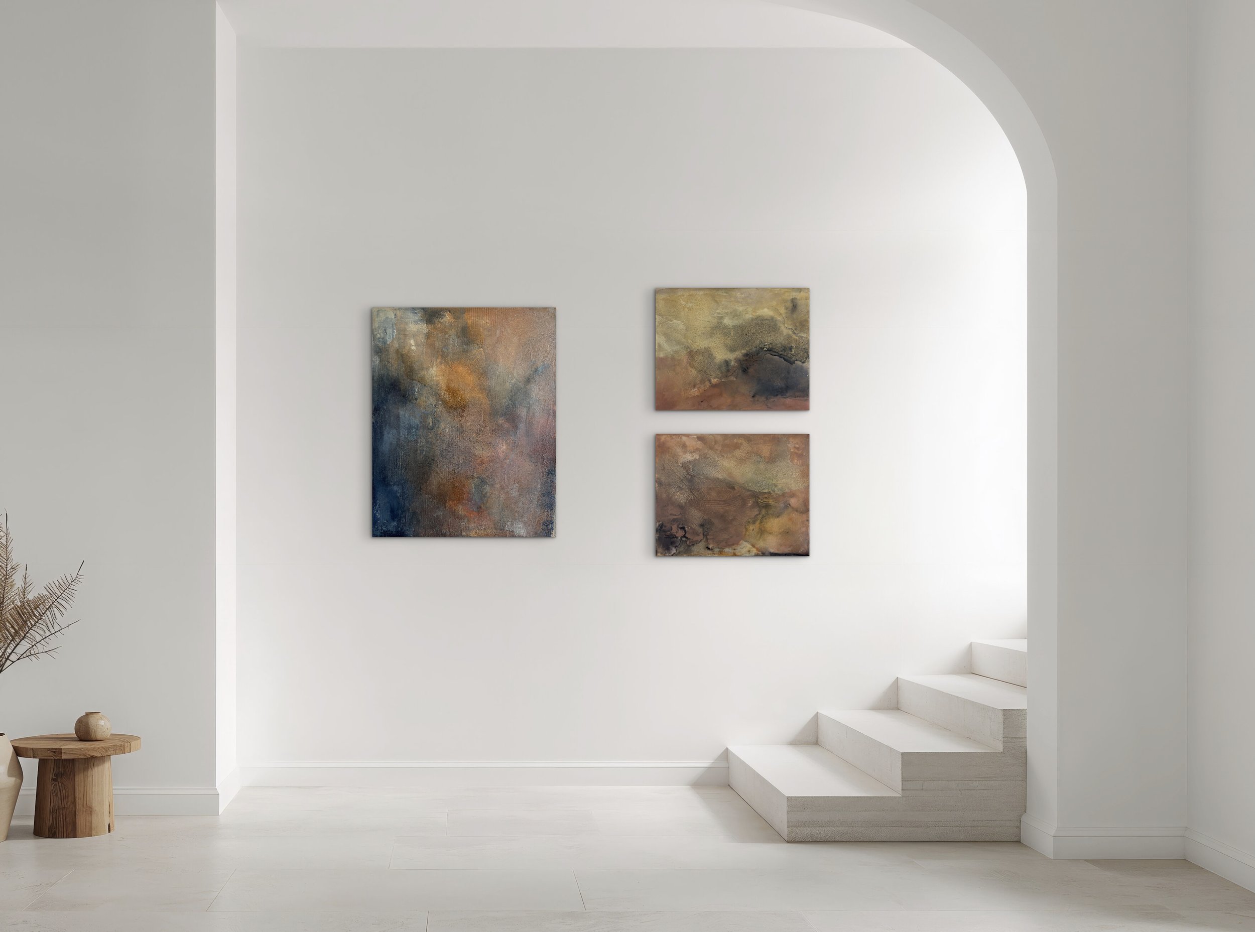 Three abstract landscape paintings from Seattle artist Melanie Biehle's ongoing Patina series. 