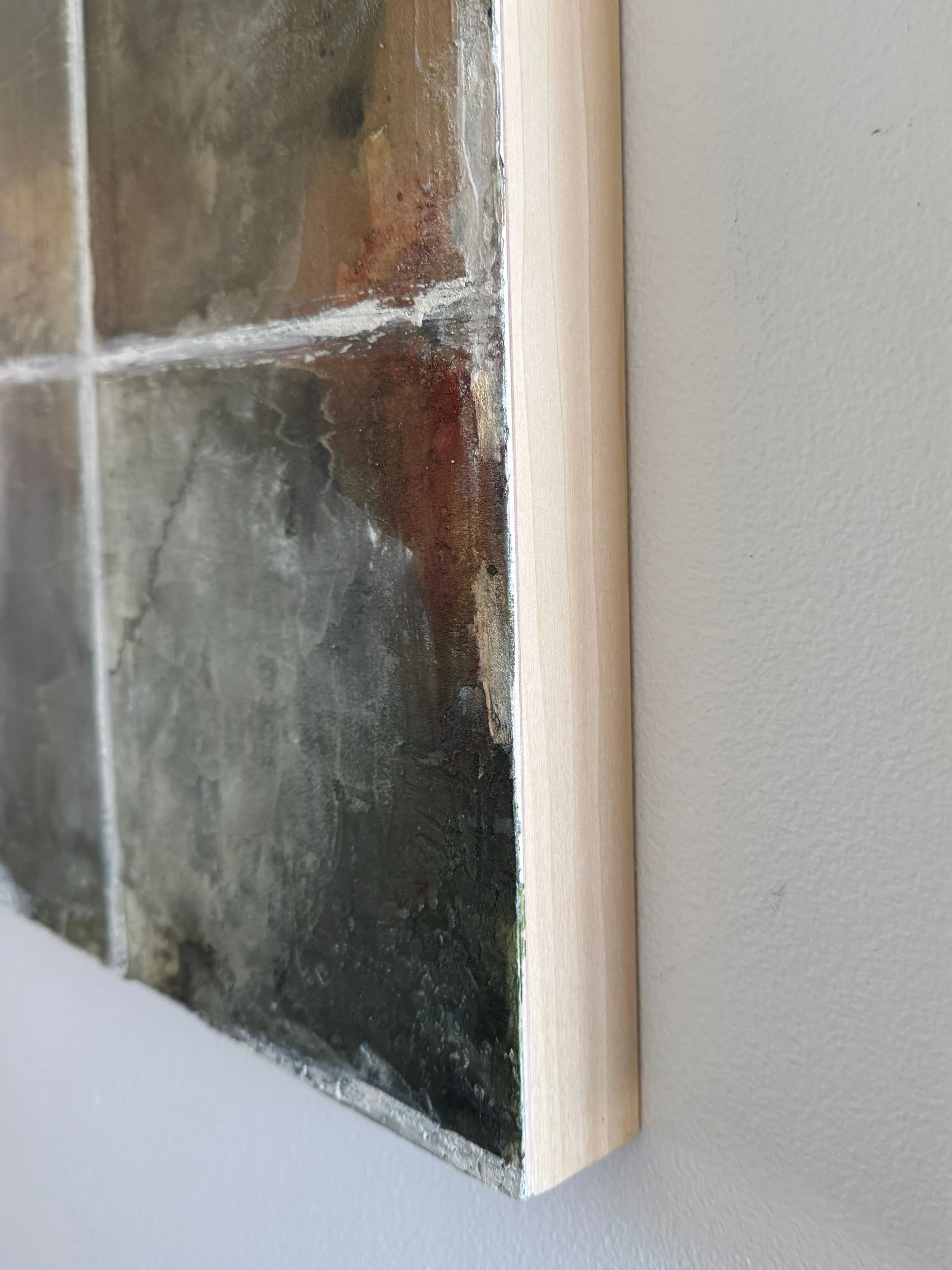 Side detail of Inhabiting Time No. 1 showing the textured painted surface and natural wood edge of the panel.
