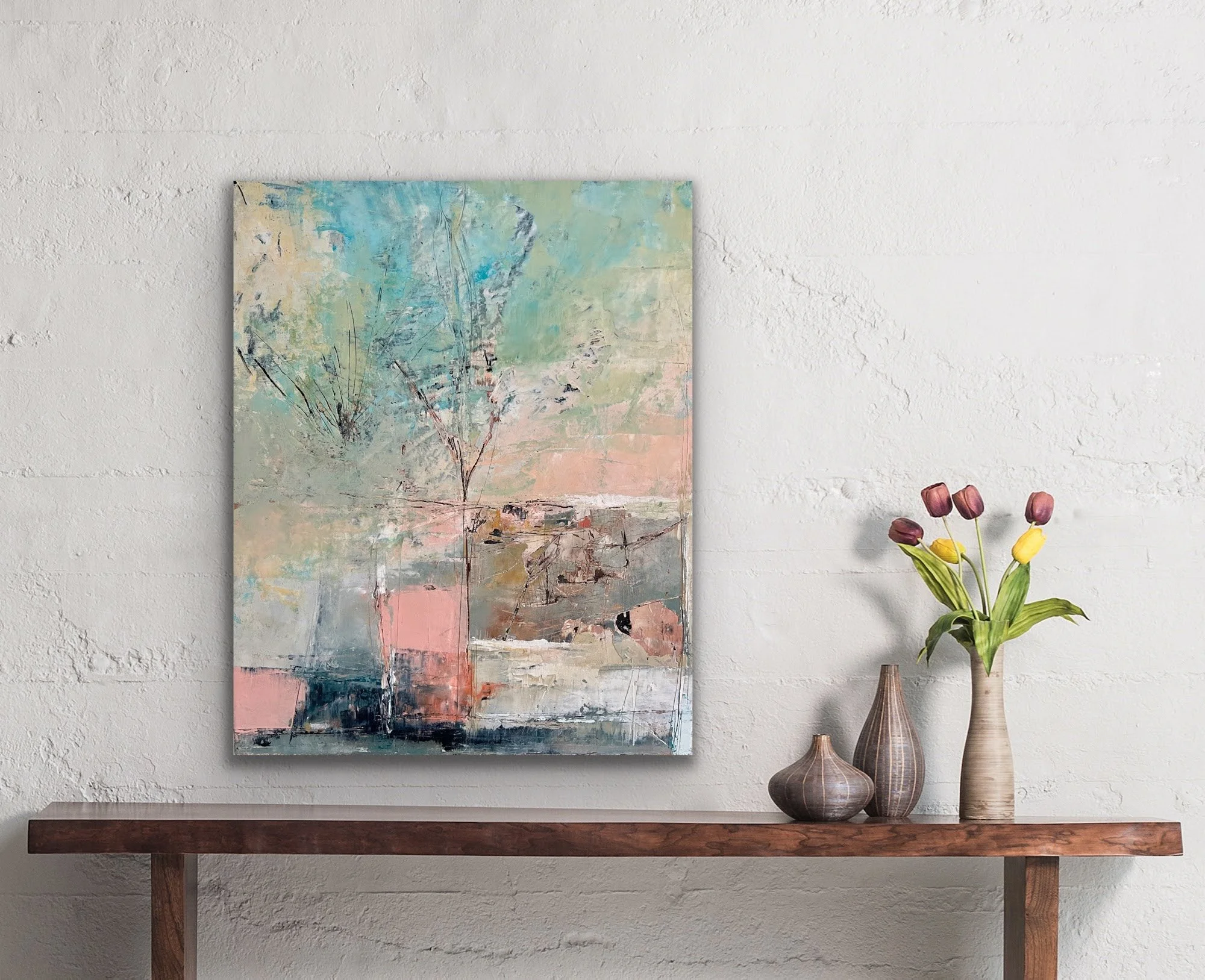 Abstract oil painting by Melanie Biehle featuring layered and scraped textures in soft blues, neutrals, and warm undertones.