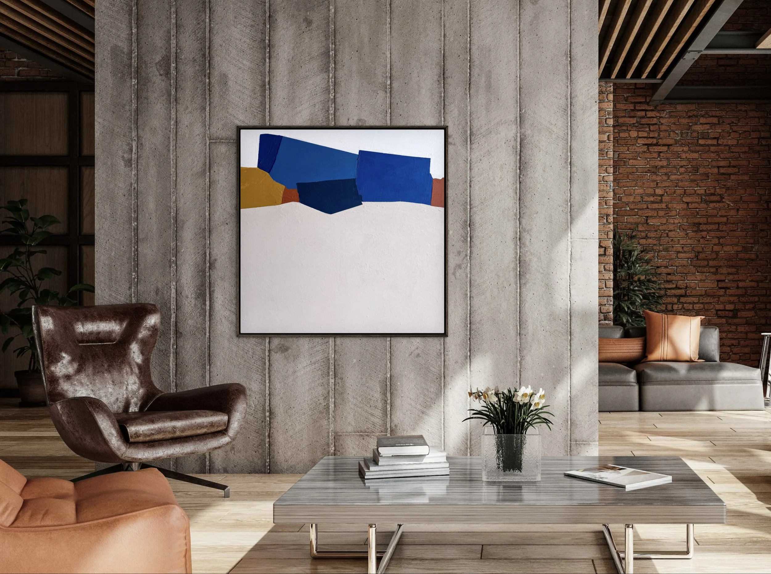 Staged hotel lobby interior featuring the abstract painting "Waking Up" by Melanie Biehle displayed in a modern architectural setting.