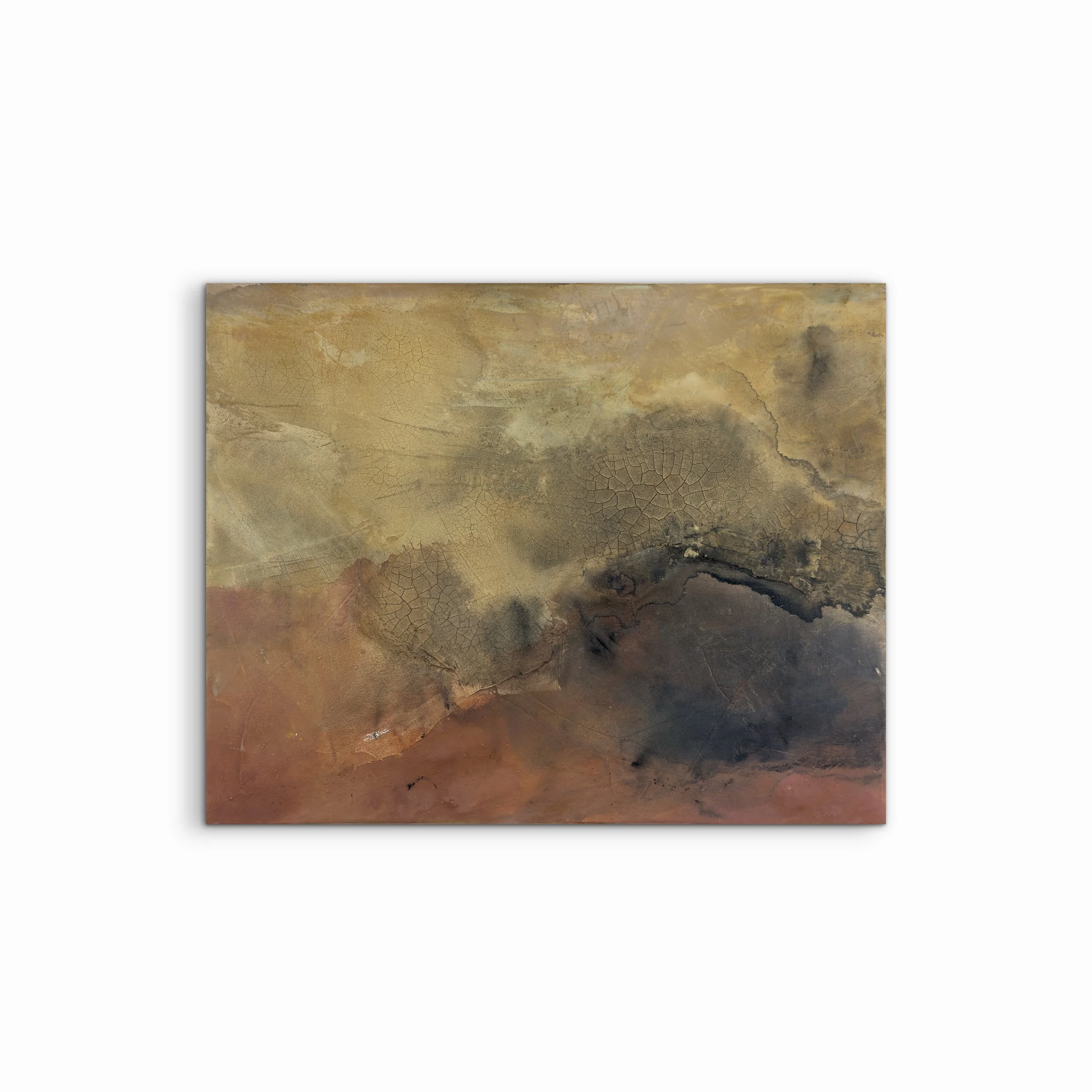 Abstract painting Traces of Discovery by Melanie Biehle with visible crack patterns, textured surface, and warm neutral tones